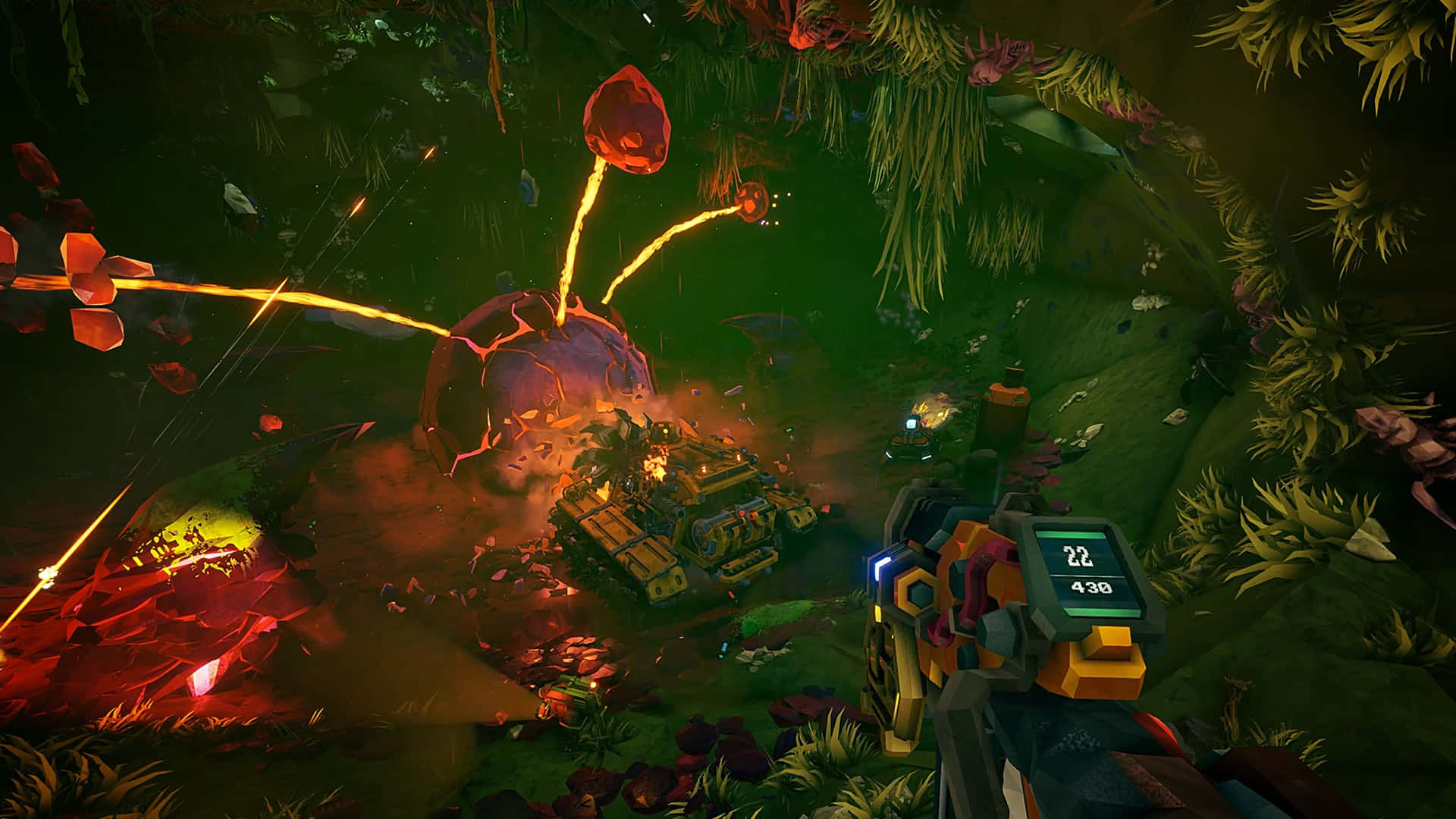 Deep Rock Galactic, cave battle, glowing red alien creature, Full HD Desktop Wallpaper