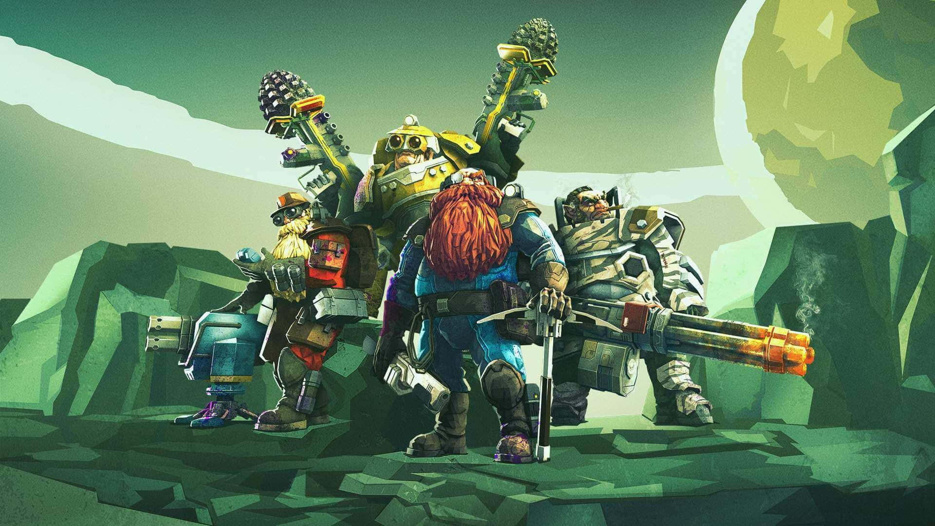 Deep Rock Galactic, armored dwarves, futuristic weapons, Full HD Desktop Wallpaper