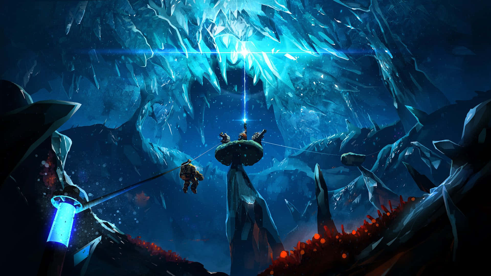 Deep Rock Galactic, cave exploration, glowing blue ice cavern, Full HD Desktop Wallpaper