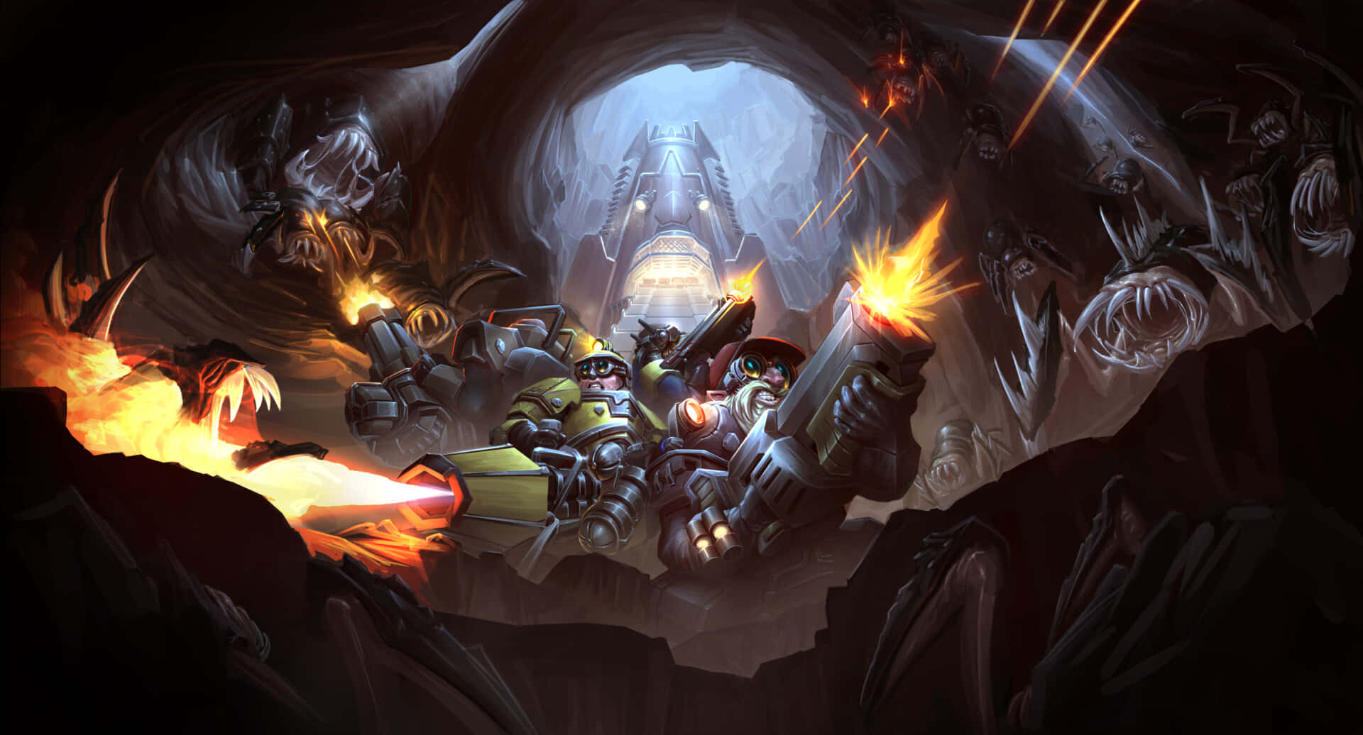Deep Rock Galactic, armored warriors, dark cave, Full HD Desktop Wallpaper