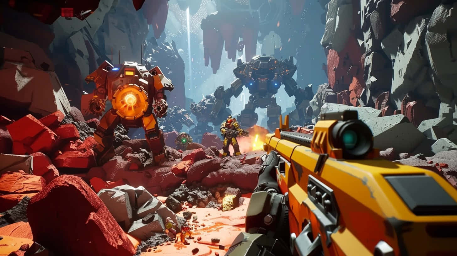 Deep Rock Galactic, cave battle, yellow weapon, HD Desktop Wallpaper