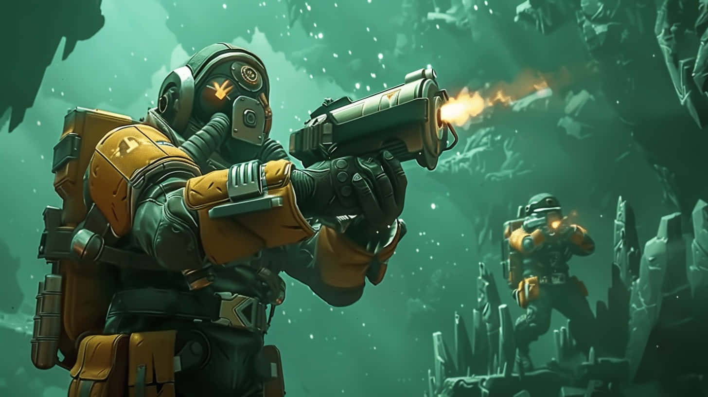 Deep Rock Galactic, dwarvesin action, yellow and black armor, HD Desktop Wallpaper