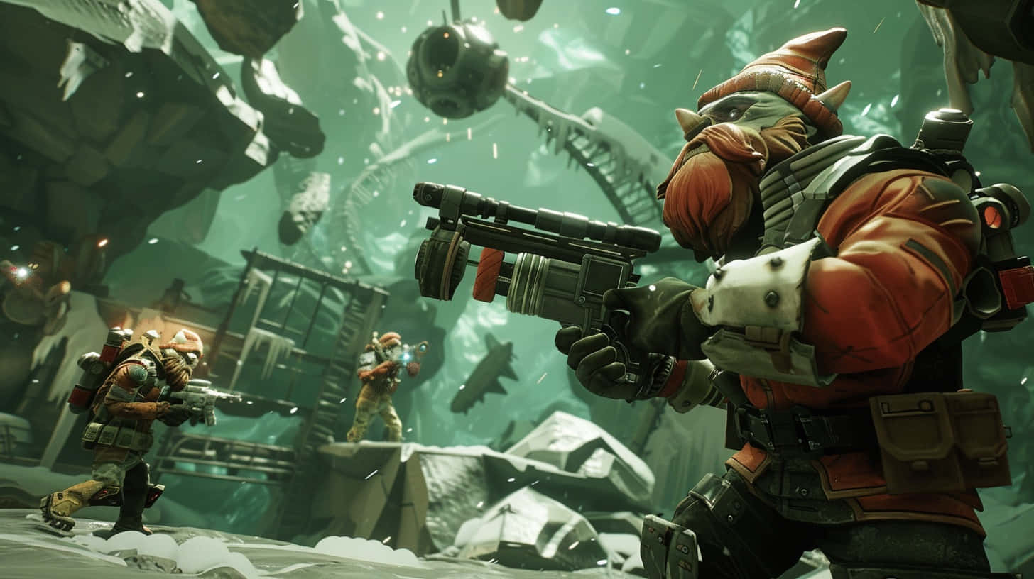 Deep Rock Galactic, goblin-like soldier, orange gear, HD Desktop Wallpaper