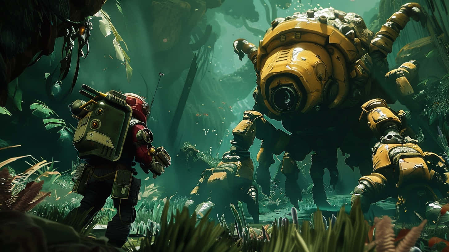 Deep Rock Galactic, red gear, yellow mechanical creature, HD Desktop Wallpaper