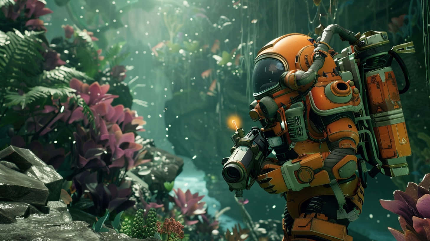 Deep Rock Galactic, explorerin cave, orange spacesuit, HD Desktop Wallpaper