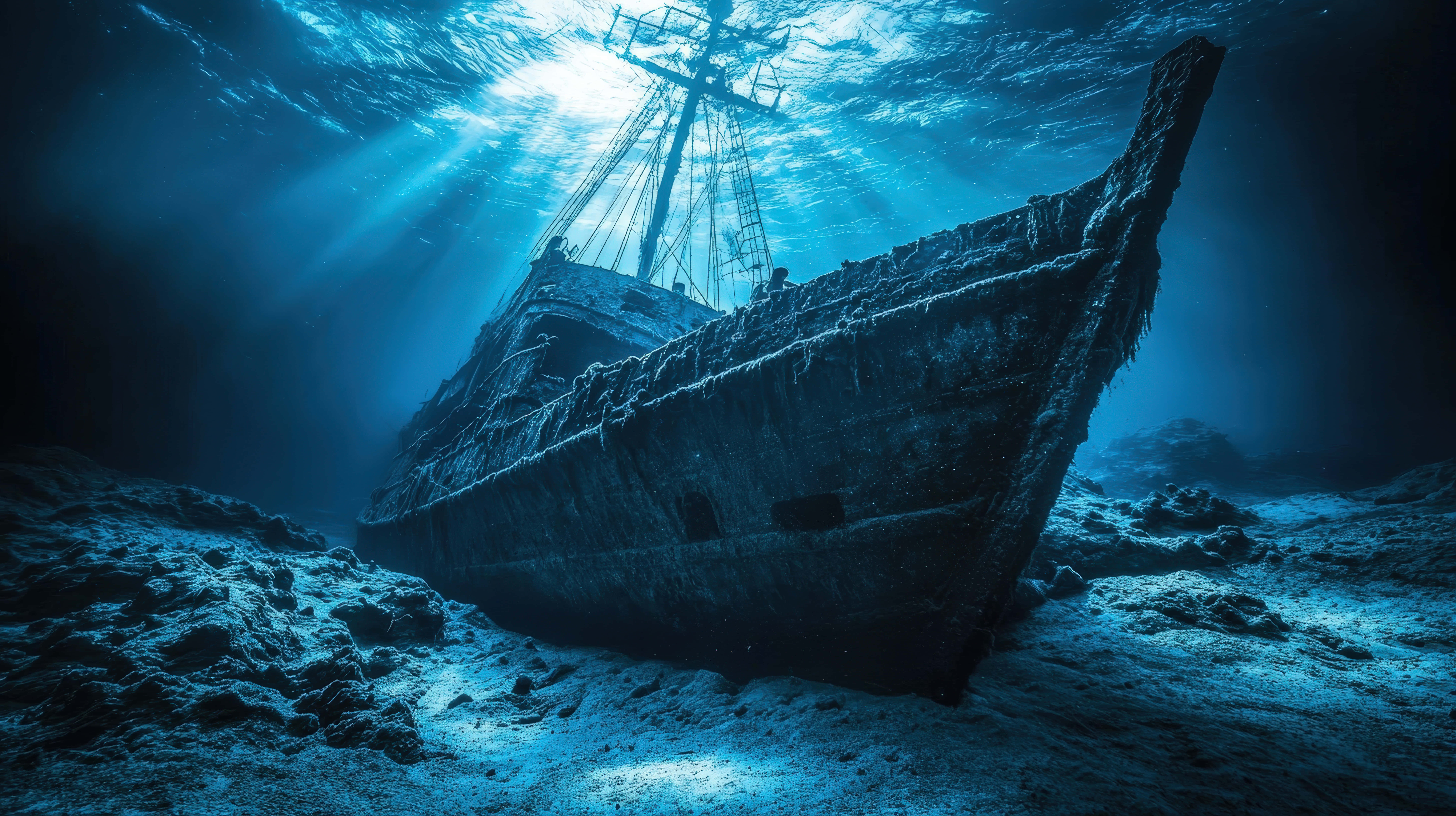 old shipwreck, sunken wooden shipwreck, sandy ocean floor, 8K Desktop Wallpaper