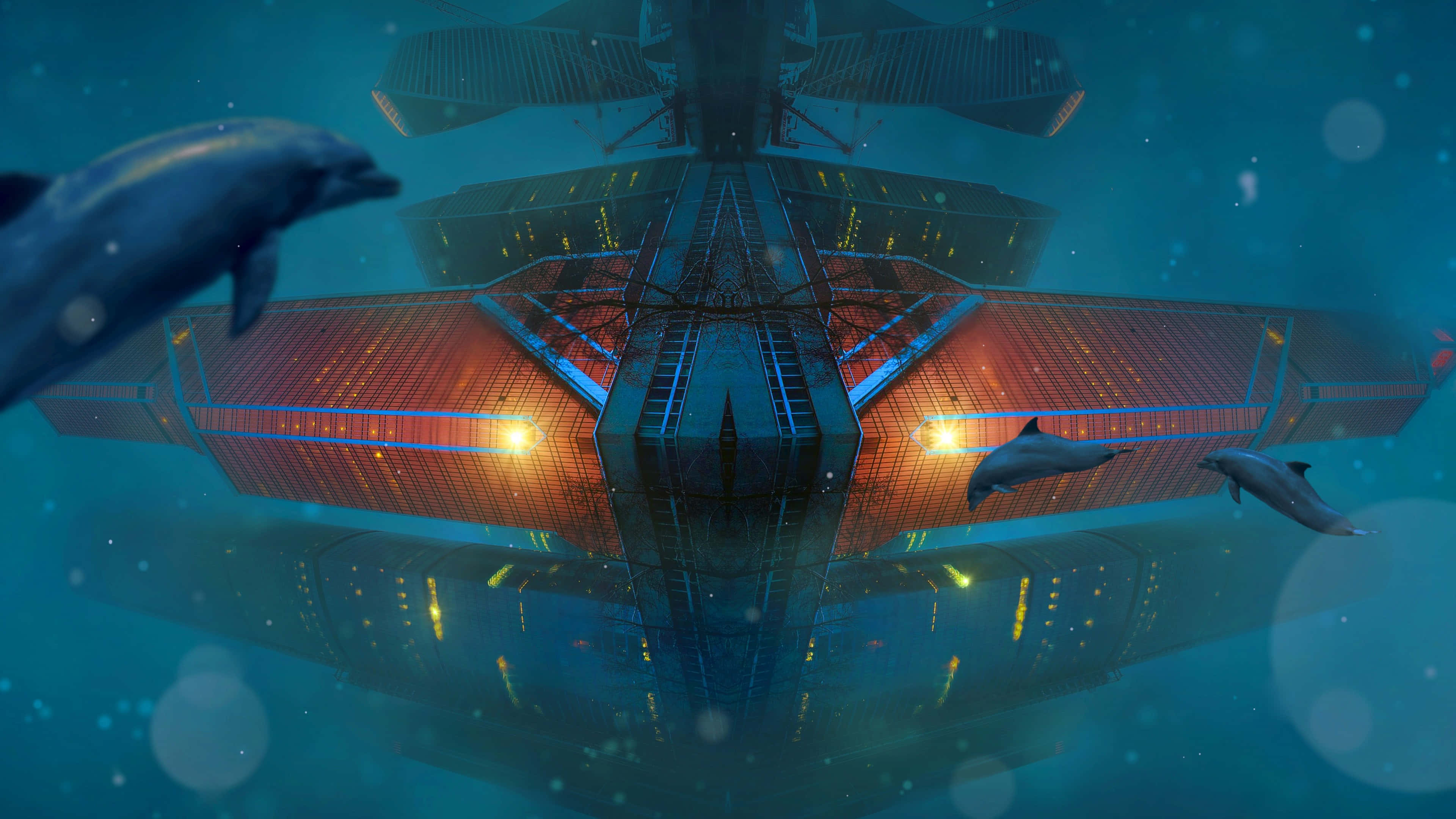 deep sea, dolphins, illuminated underwater futuristic cityscape, 4K Desktop Wallpaper
