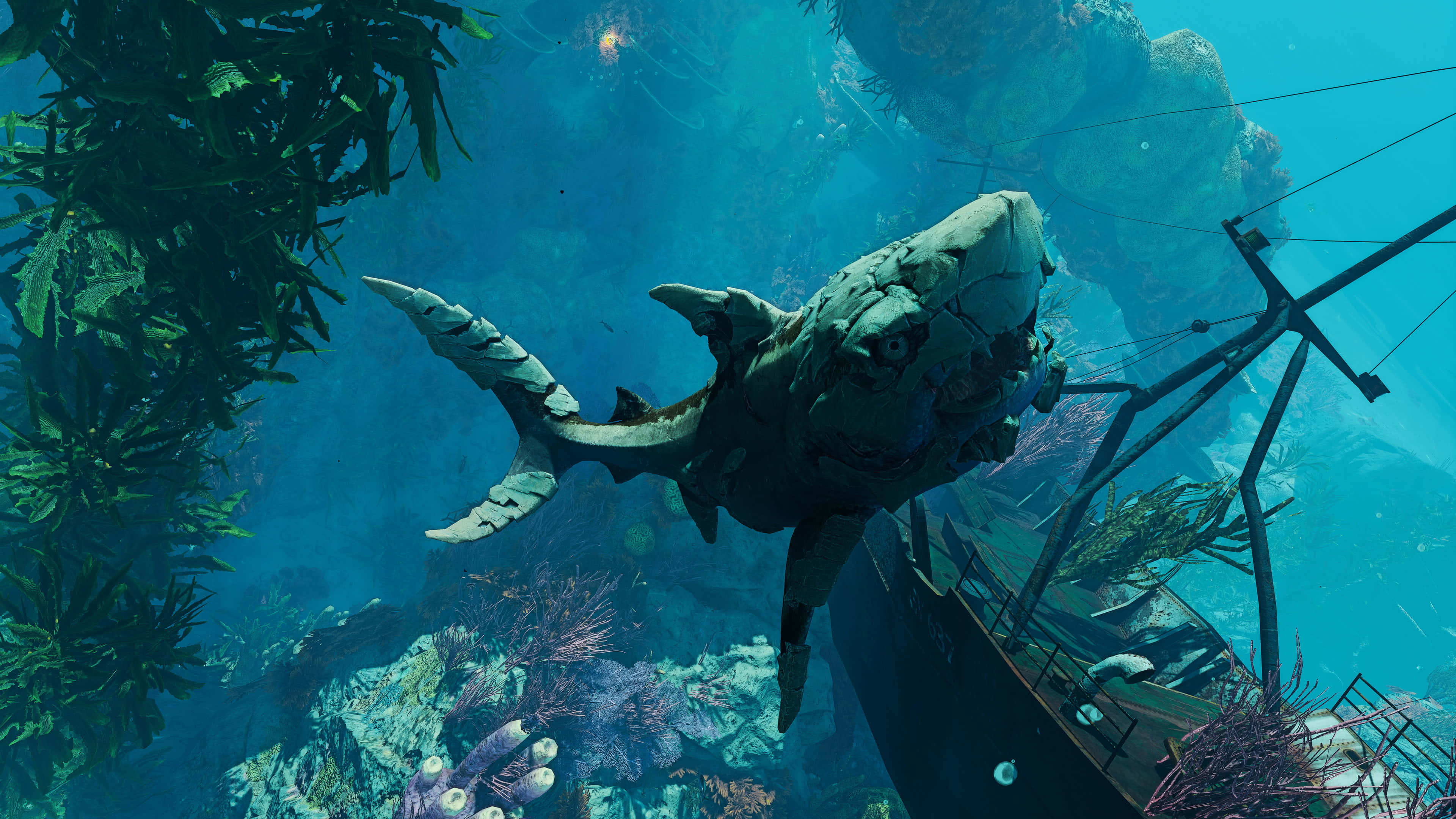 giant mechanical shark, sunlit coral reef, sunken shipwreck, 4K Desktop Wallpaper