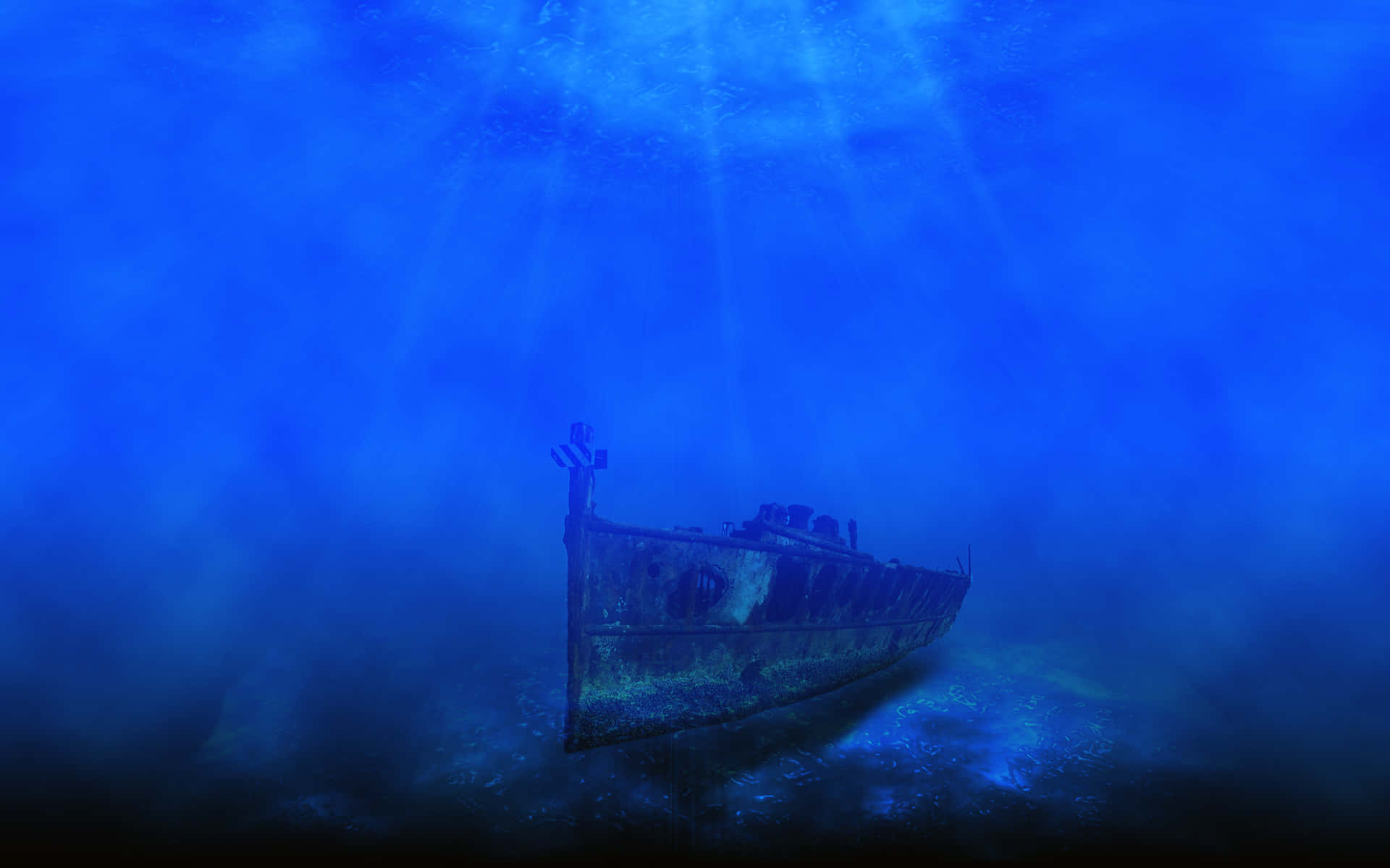 rusted shipwreck, ocean floor, beams of sunlight, Full HD Desktop Wallpaper