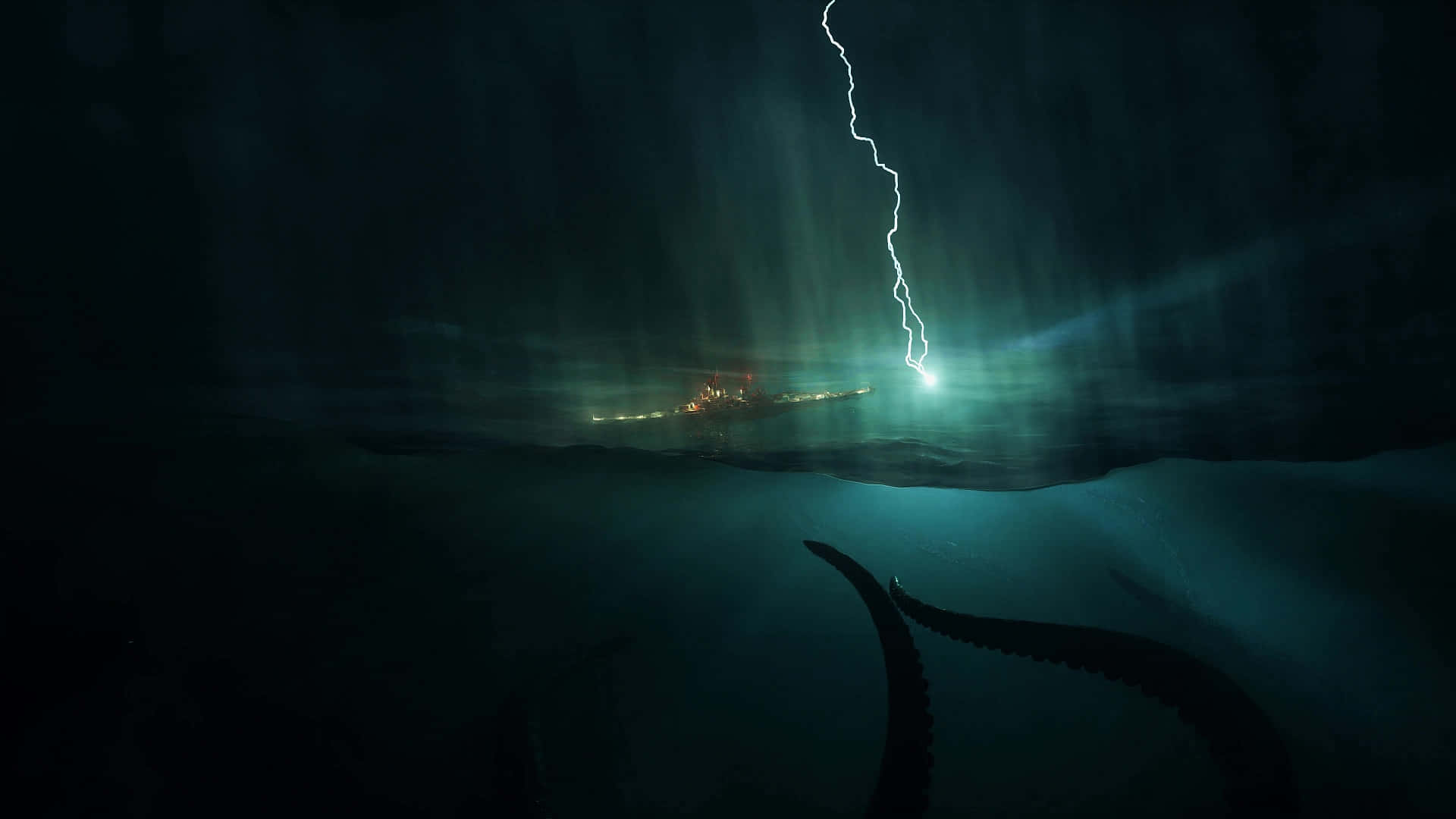stormy sea, lightning bolt, giant squid, Full HD Desktop Wallpaper