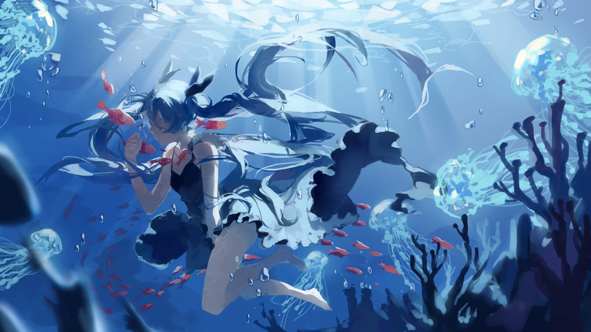 blue-haired anime girl, jellyfish coral, red fish, Full HD Desktop Wallpaper