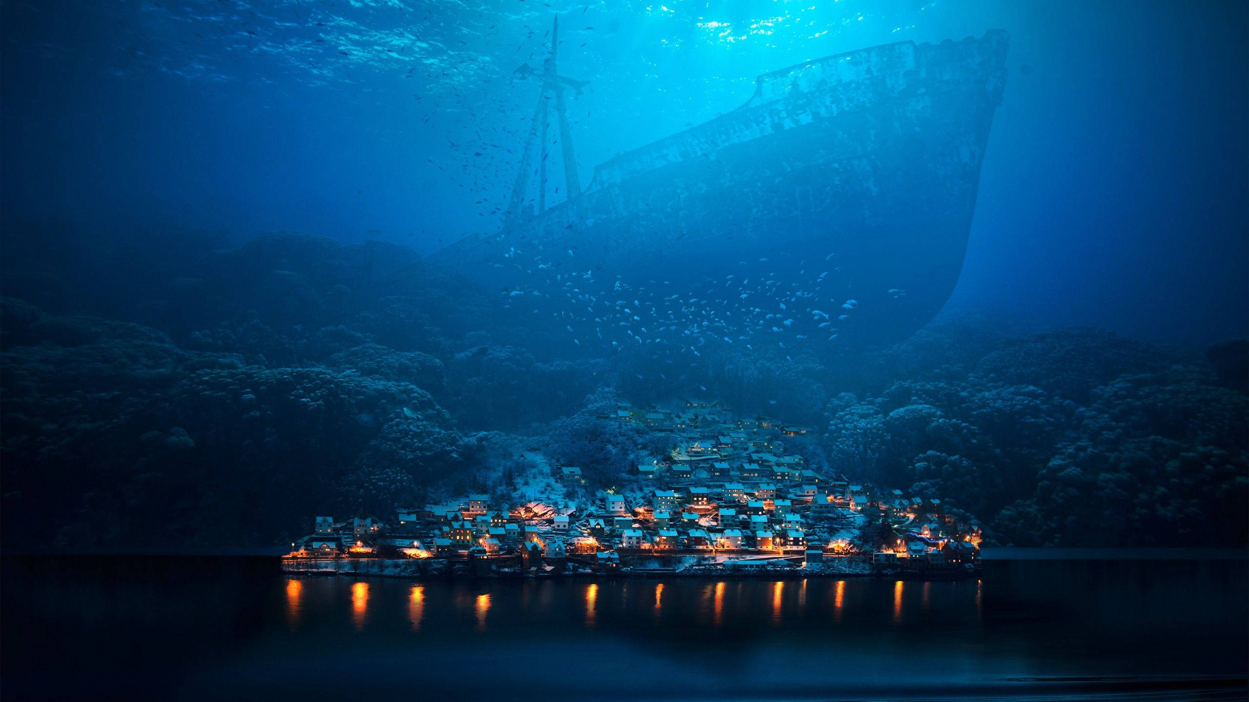 underwater abyss city, sunken ship, glowing coastal village, 2K Desktop Wallpaper