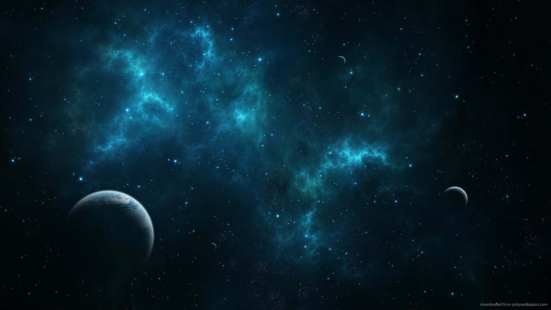 deep space, glowing teal nebulae, distant planets, Full HD Desktop Wallpaper