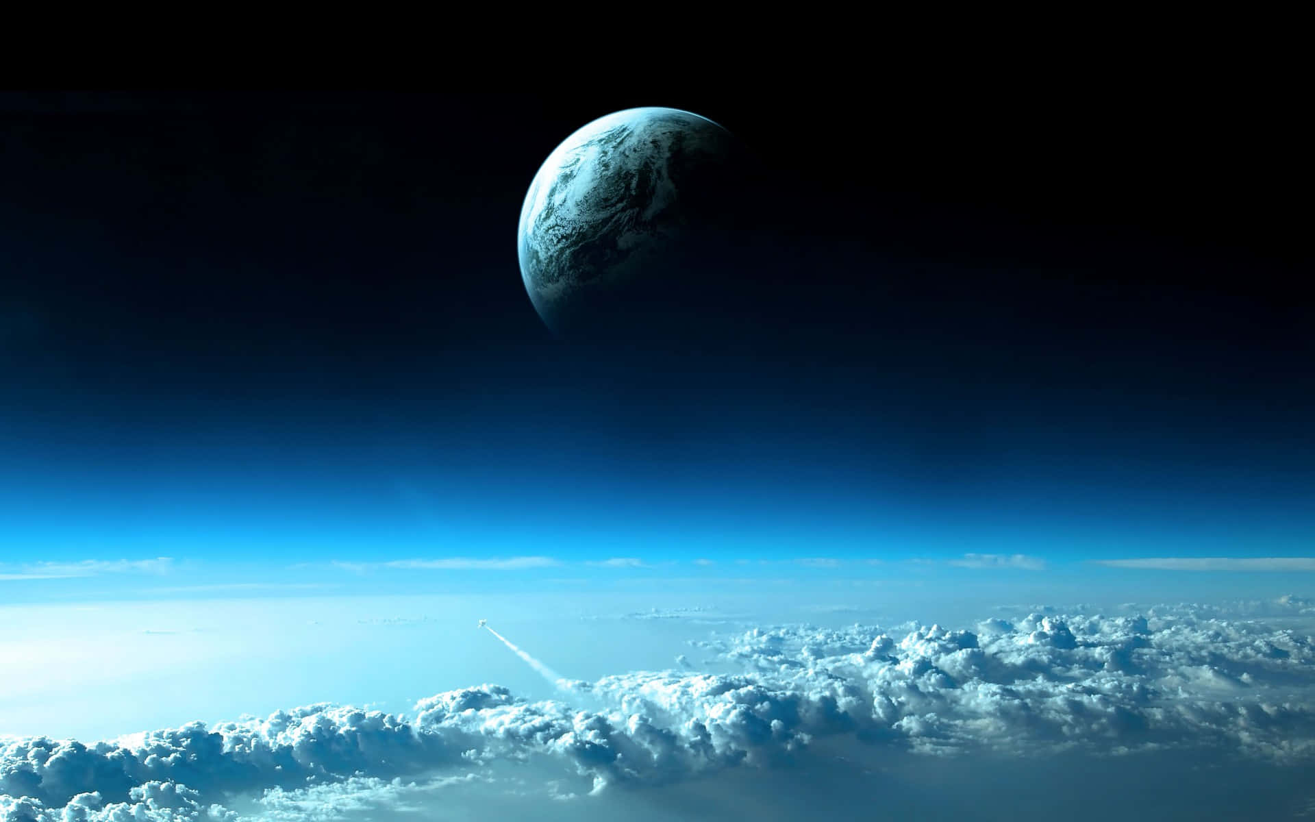 deep space hd, glowing blue Earth, rocket, Full HD Desktop Wallpaper