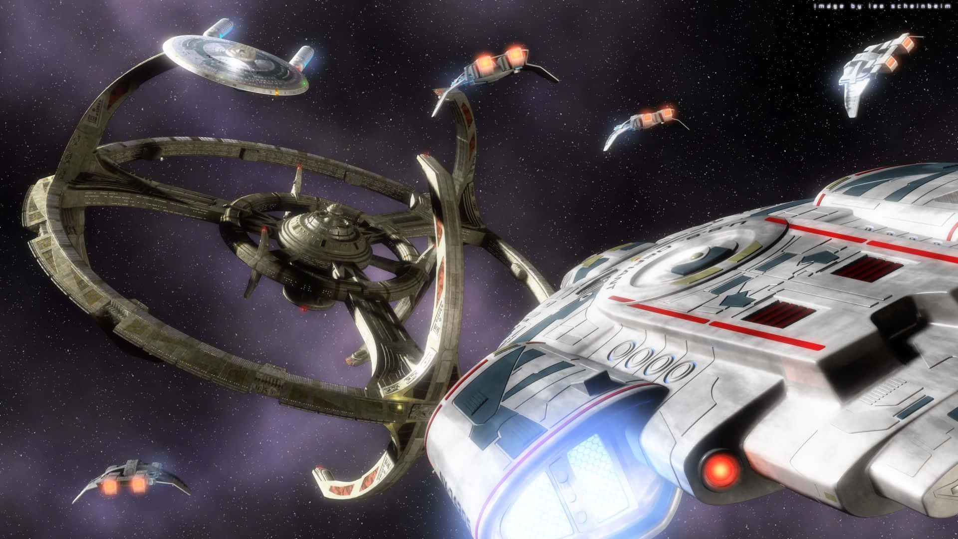 Deep Space HD, futuristic starships, massive space station, Full HD Desktop Wallpaper