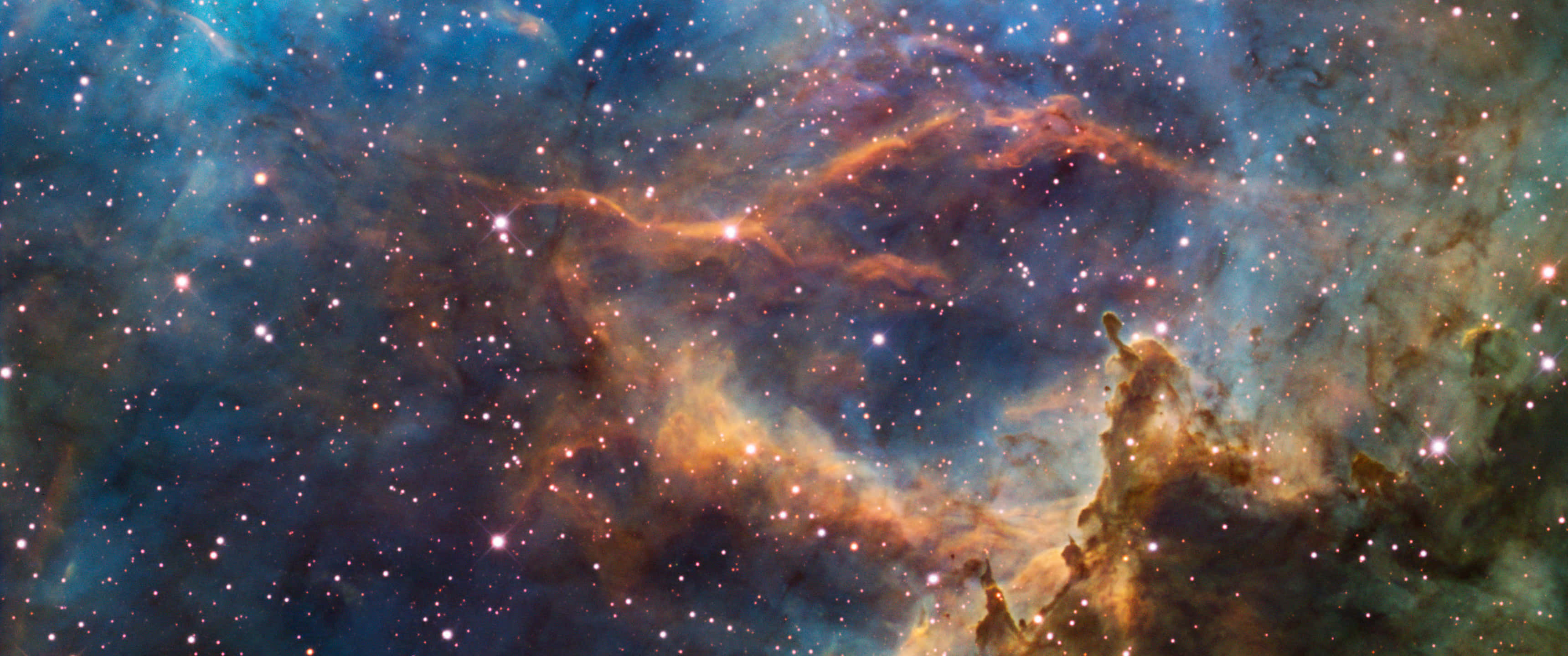 ultra wide 3440x1440, bright space, glowing orange and blue nebulae, 2K Desktop Wallpaper