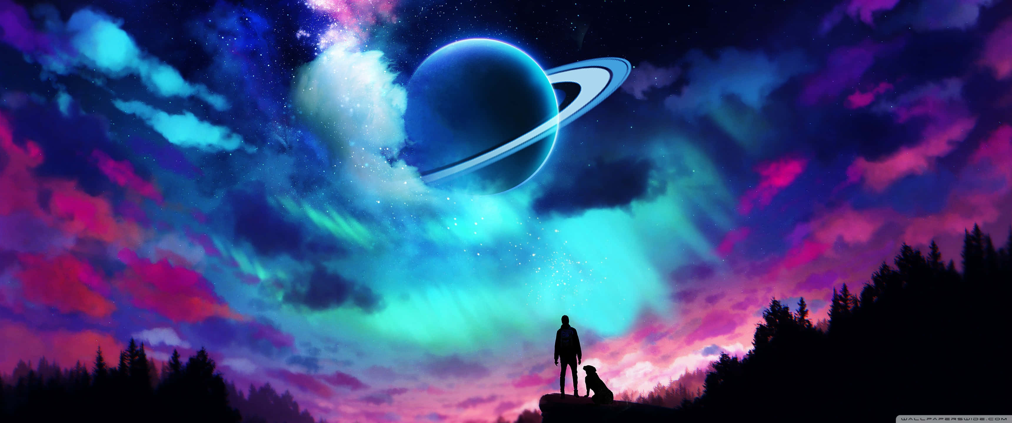 ultra wide 3440x1440, glowing ringed planet, vibrant cosmic sky, 2K Desktop Wallpaper