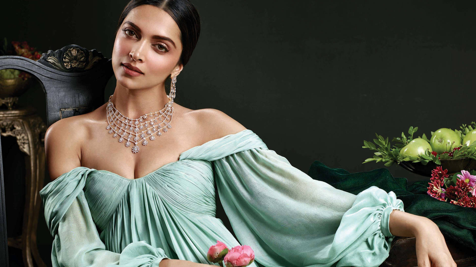 Deepika Padukone, mint green gown, sparkling diamond necklace, Full HD Desktop Wallpaper