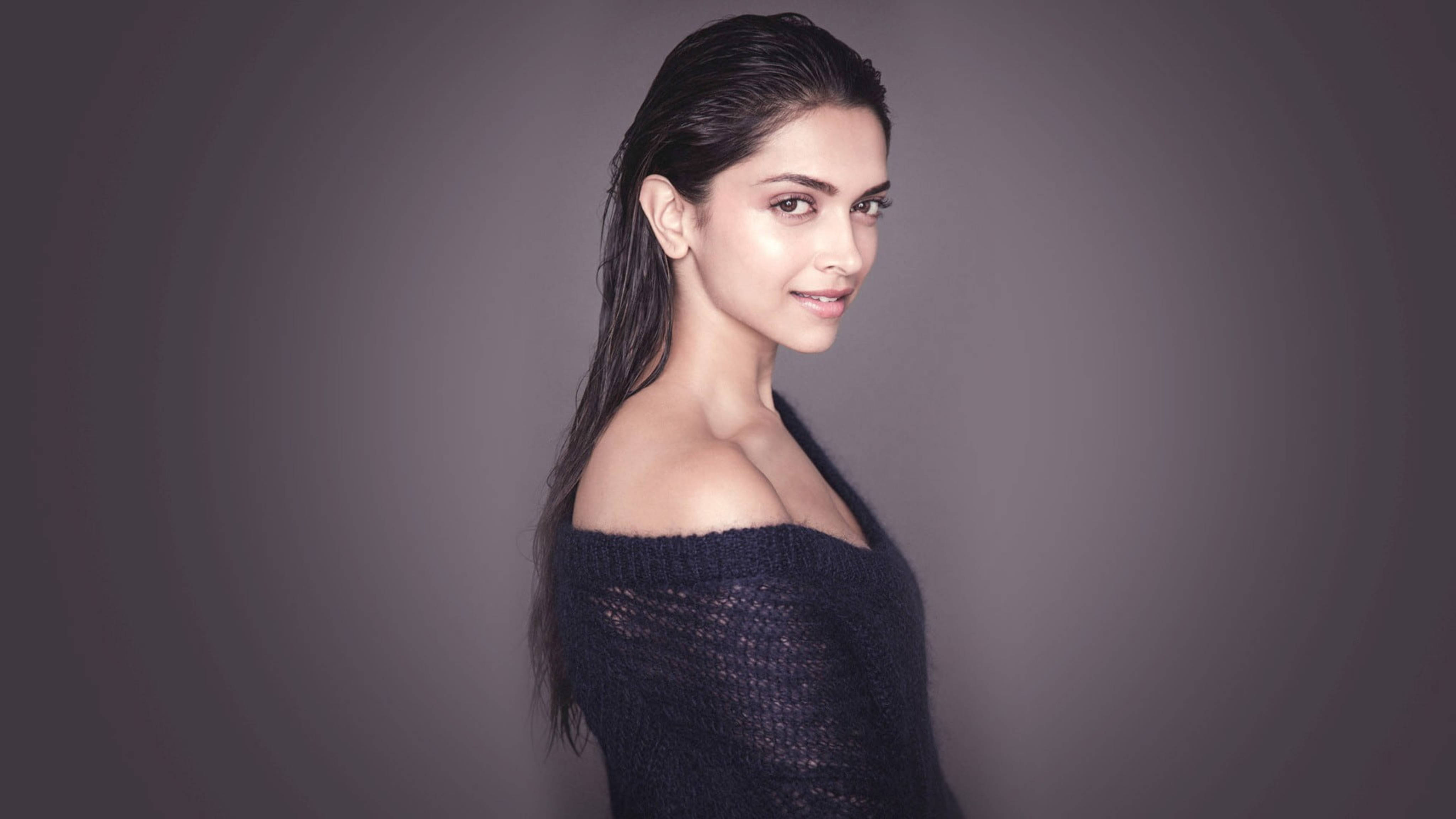 Deepika Padukone, wet look hairstyle, dark knit off-shoulder top, 4K Desktop Wallpaper
