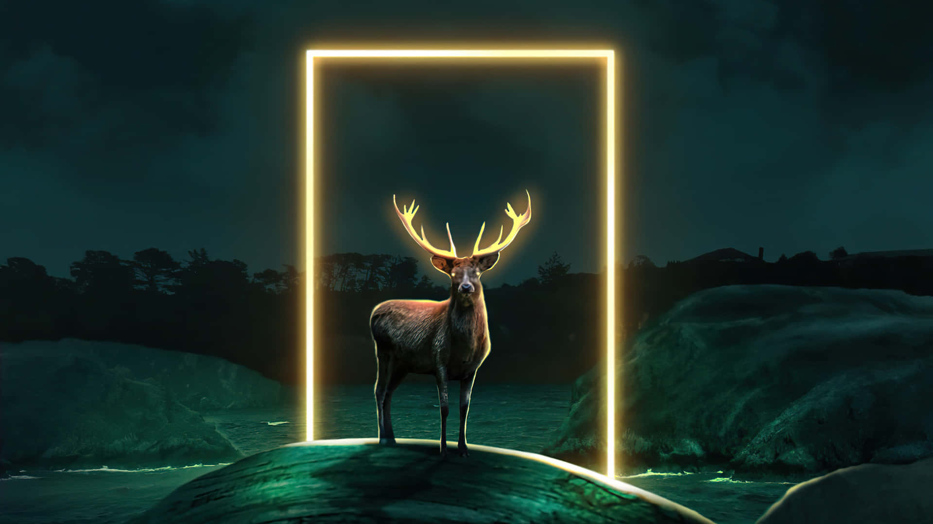 Deer Desktop, glowing golden portal, misty teal landscape, Full HD Desktop Wallpaper