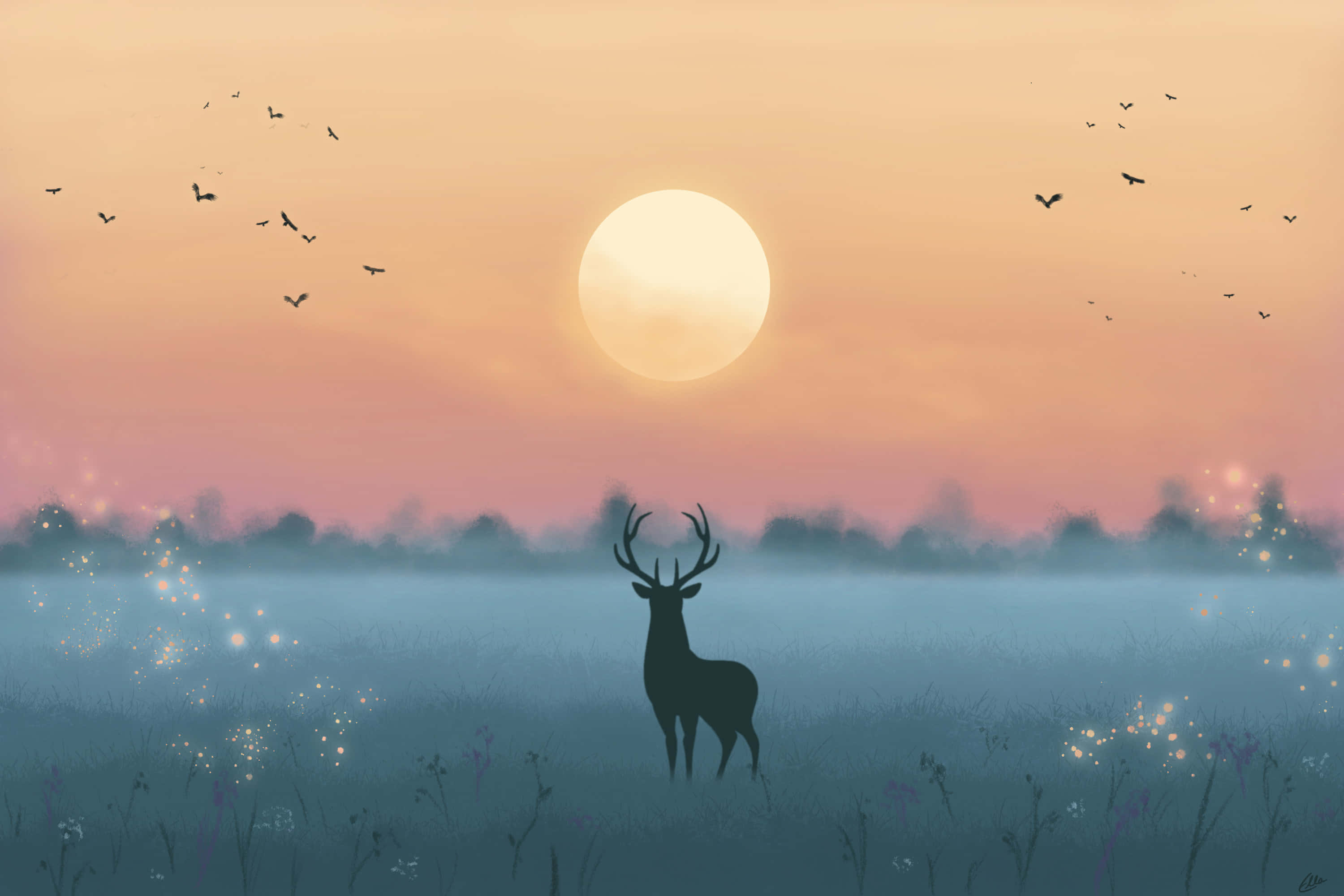 deer, sunlit field, misty dawn grasses, 2K Desktop Wallpaper