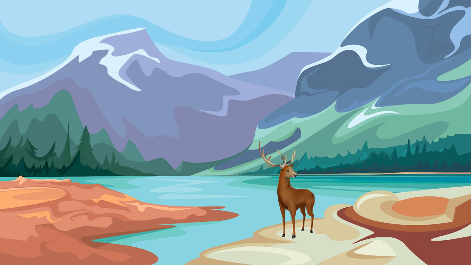 Deer Desktop, sandy shore, turquoise lake, HD Desktop Wallpaper