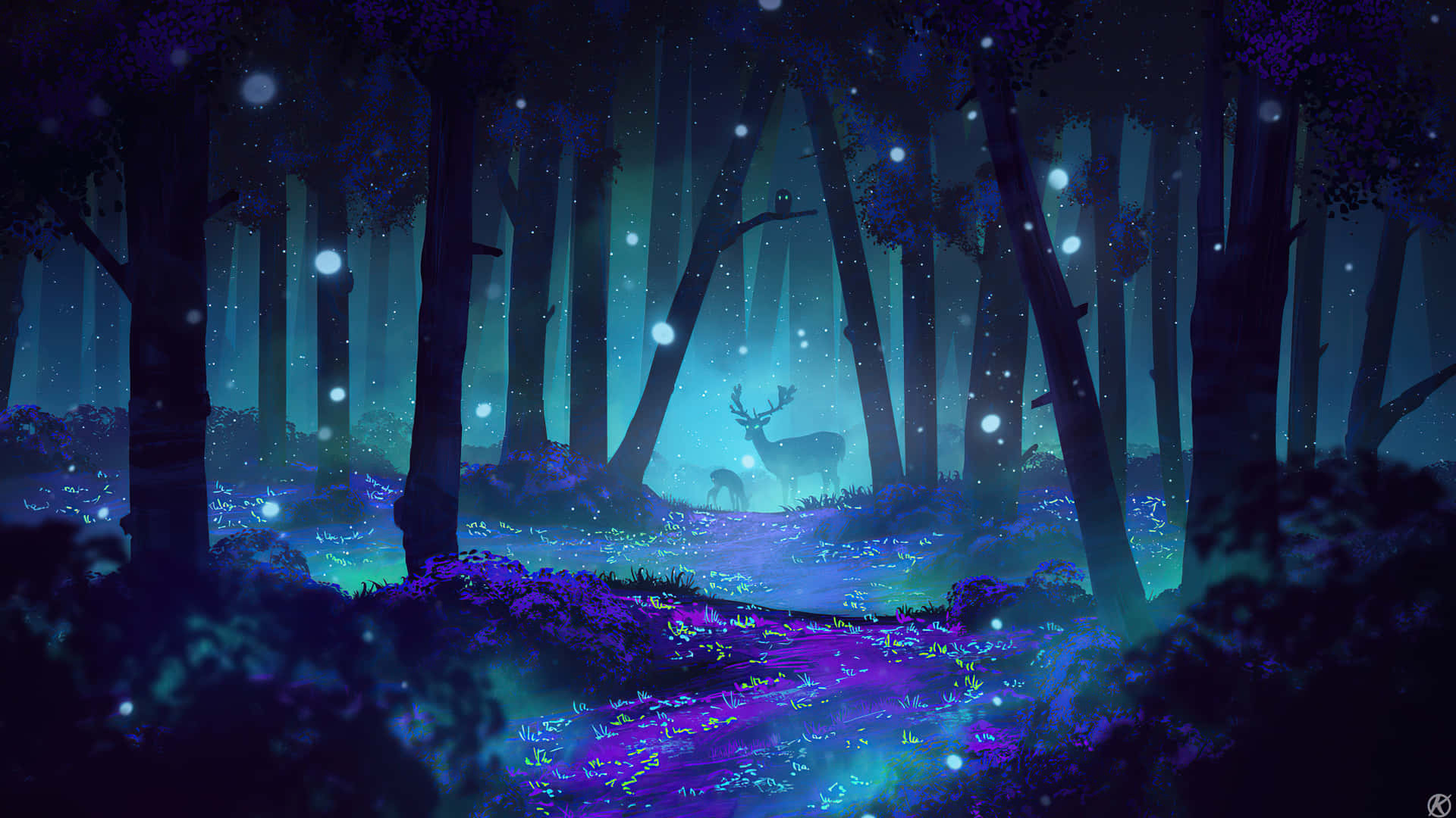 Deer Desktop, glowing blue and purple enchanted forest, luminous path, Full HD Desktop Wallpaper