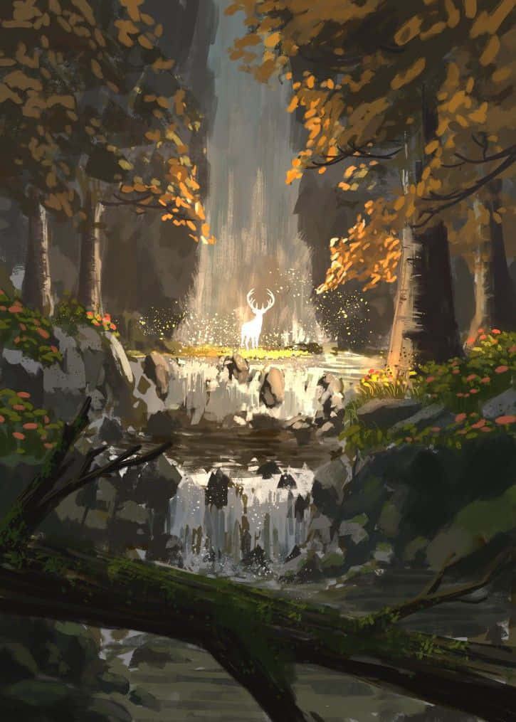 cool deer, glowing white stag, waterfall, SD Phone Wallpaper