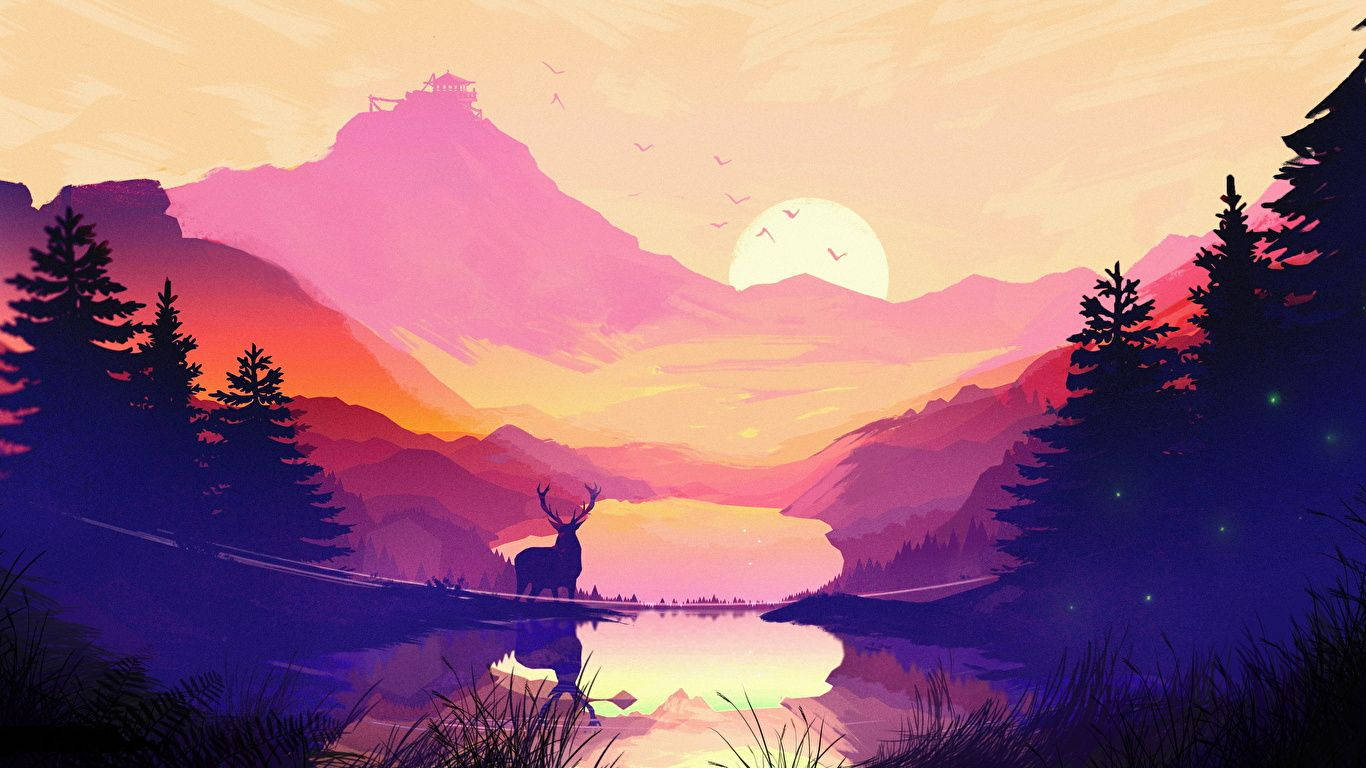 deer, tranquil lake, sunset, HD Desktop Wallpaper