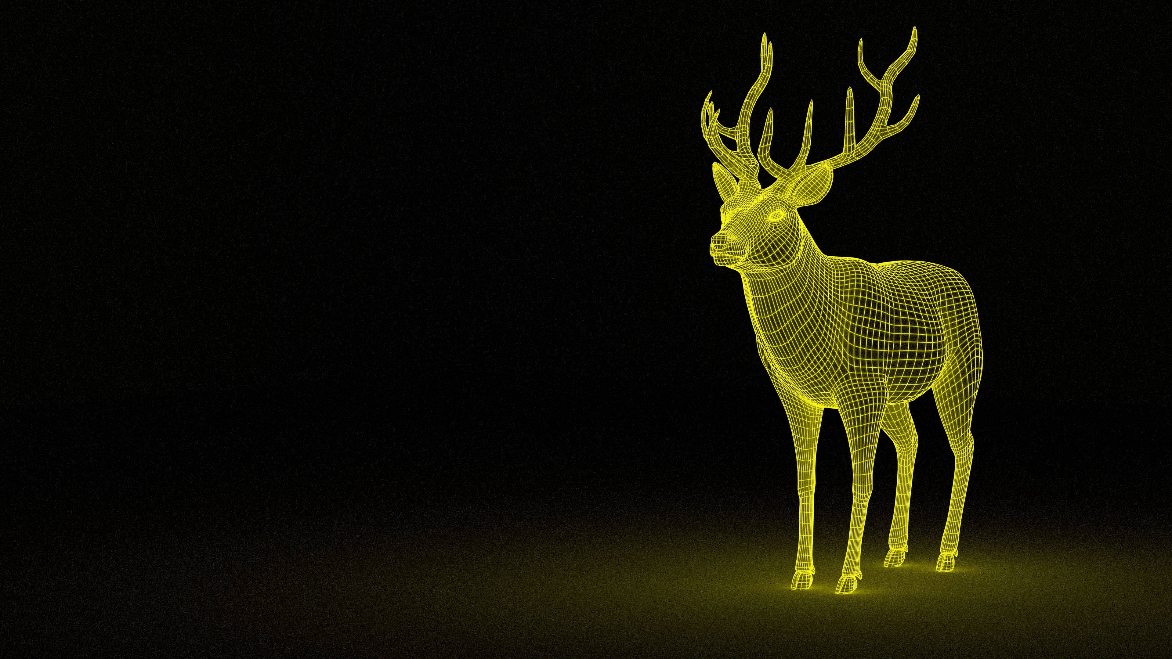glowing yellow wireframe deer, stark black background, subtle ground illumination, 4K Desktop Wallpaper