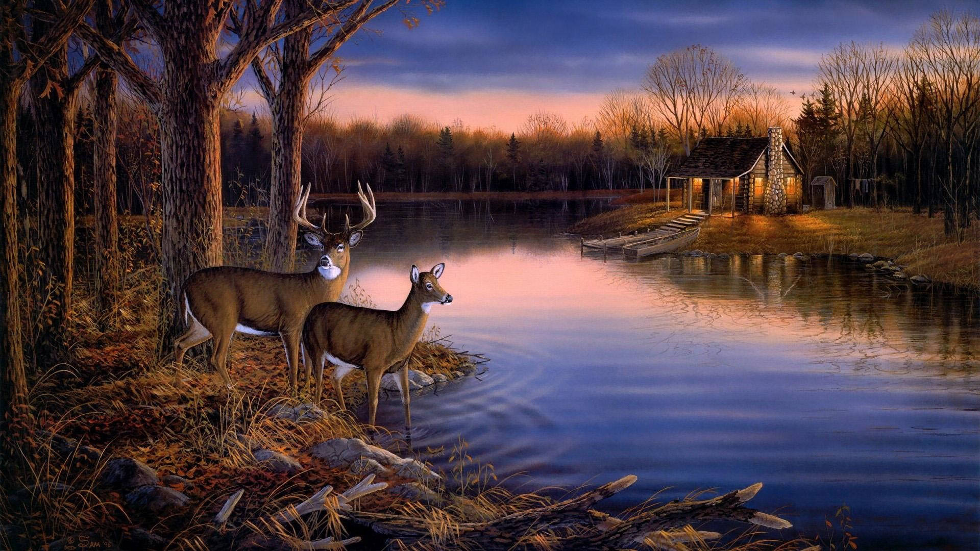 tranquil lake, dusk, warm light, Full HD Desktop Wallpaper