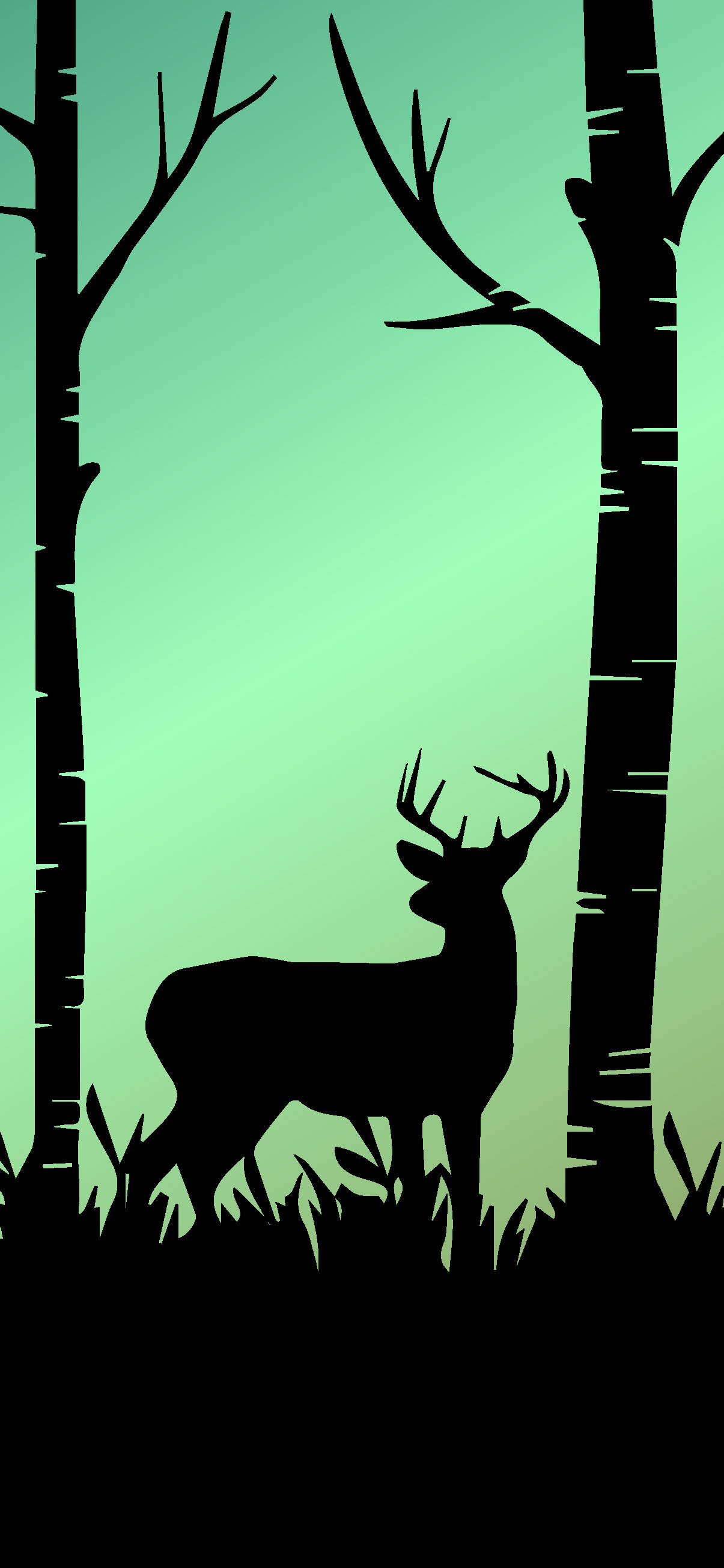 stag, birch trees, gradient green twilight sky, 2K Phone Wallpaper