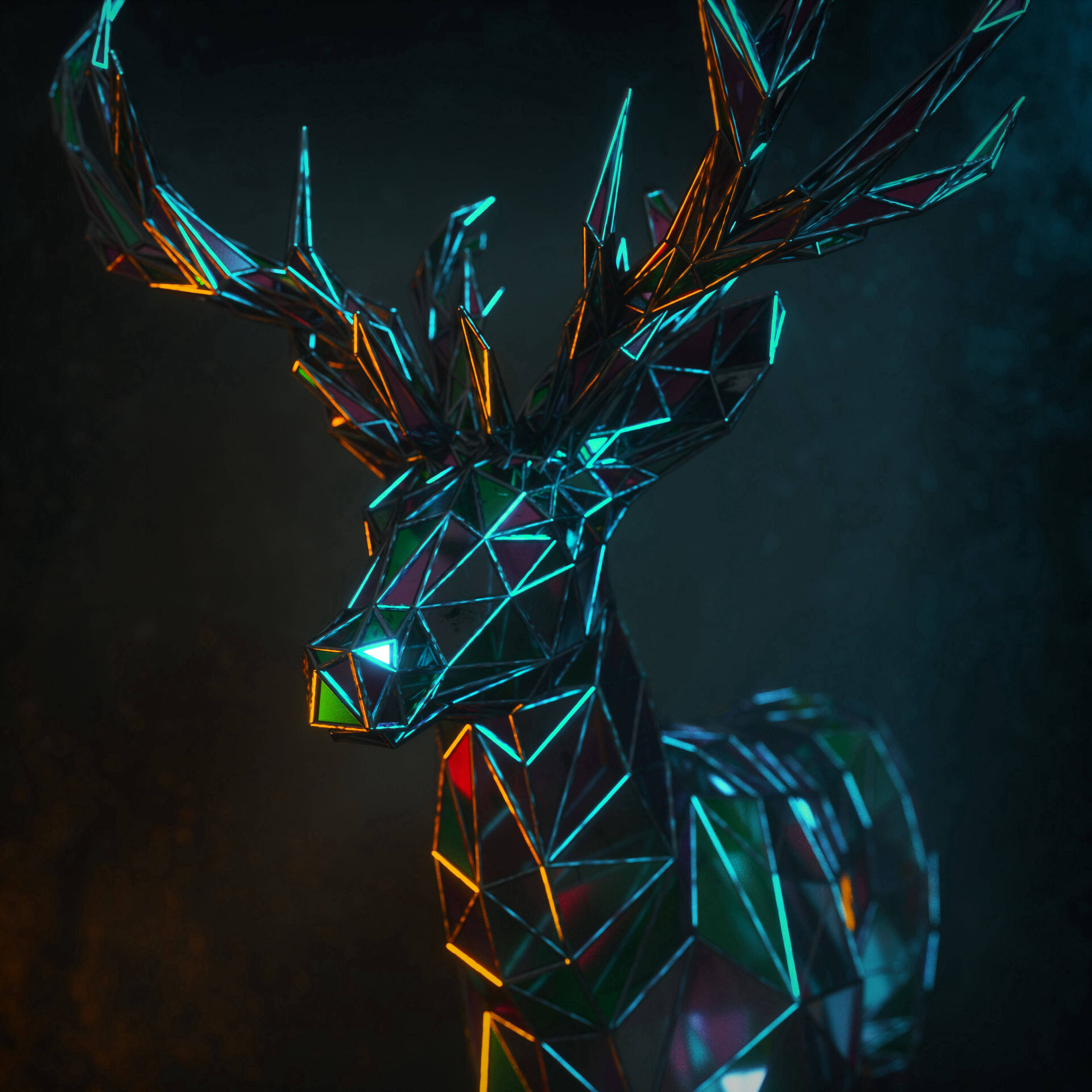 geometric deer head sculpture, glowing neon edges, multicolored facets, 4K Desktop Wallpaper