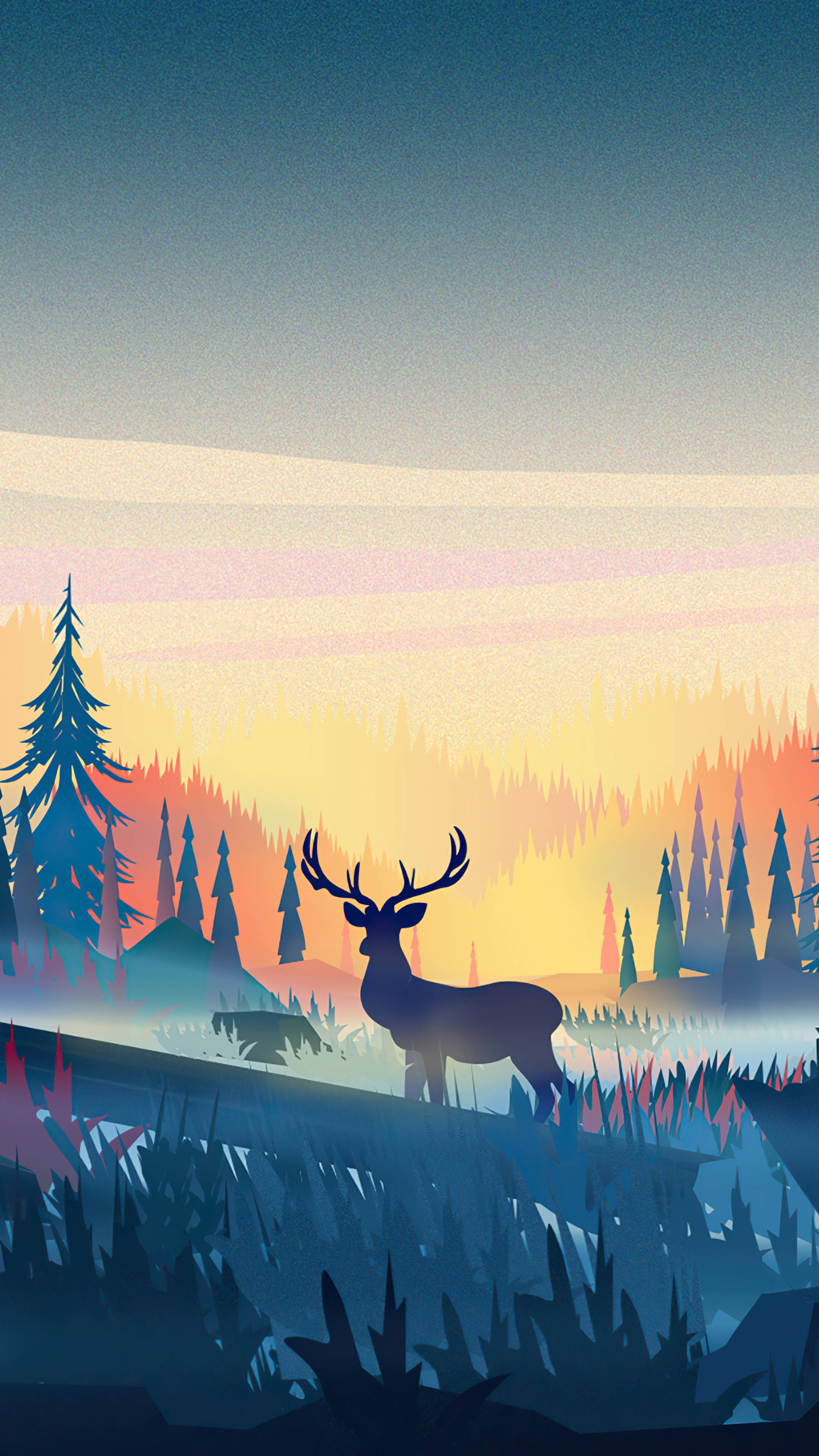 Deer iPhone, sunset, forest, 4K Phone Wallpaper