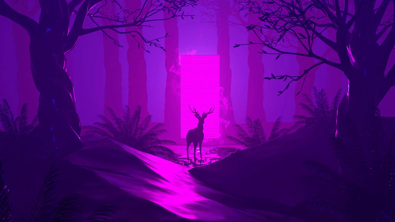 Deer, dark purple forest, glowing pink portal, HD Desktop Wallpaper
