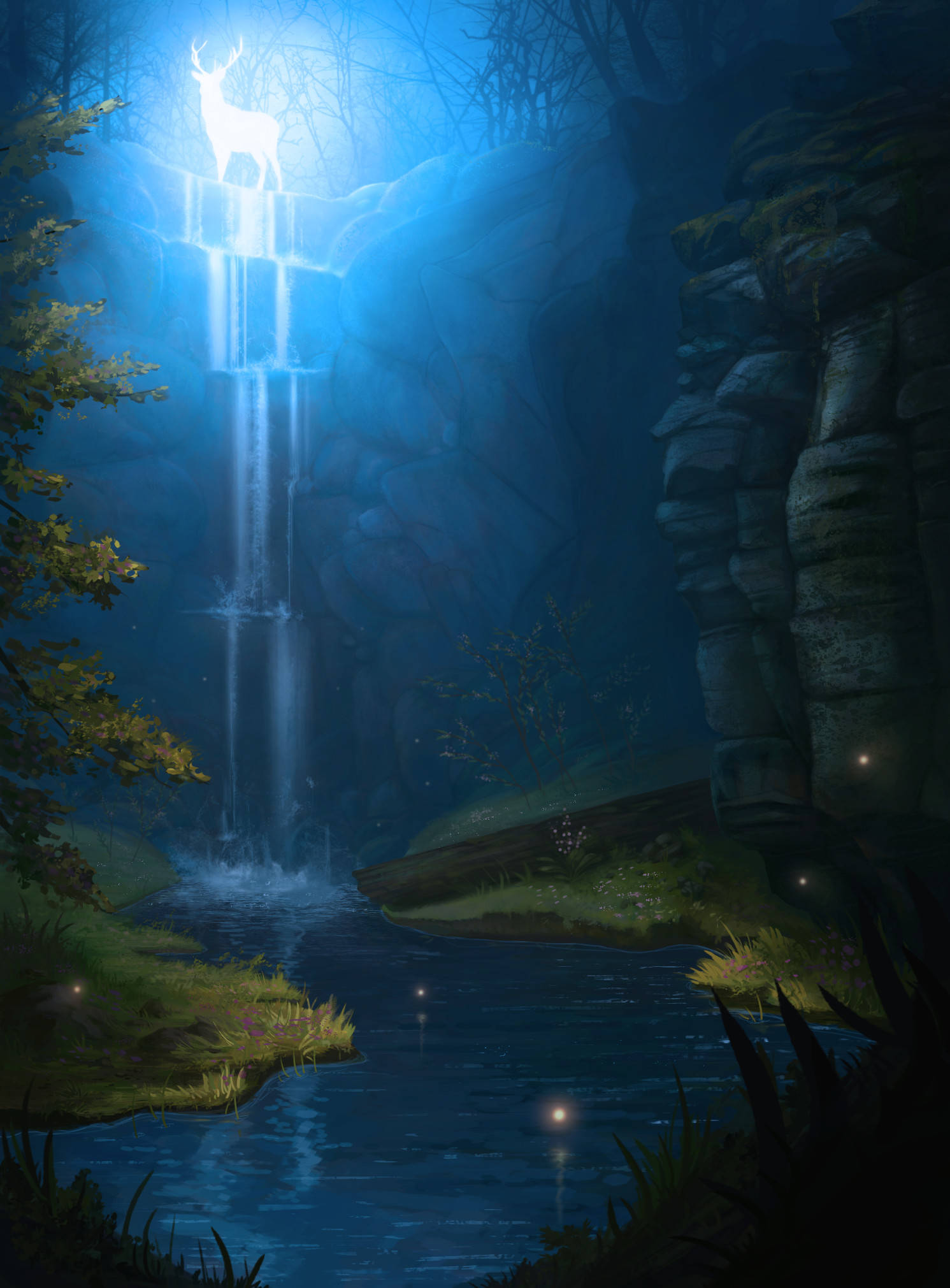 glowing white stag, luminous waterfall, dark mystical forest, Full HD Phone Wallpaper