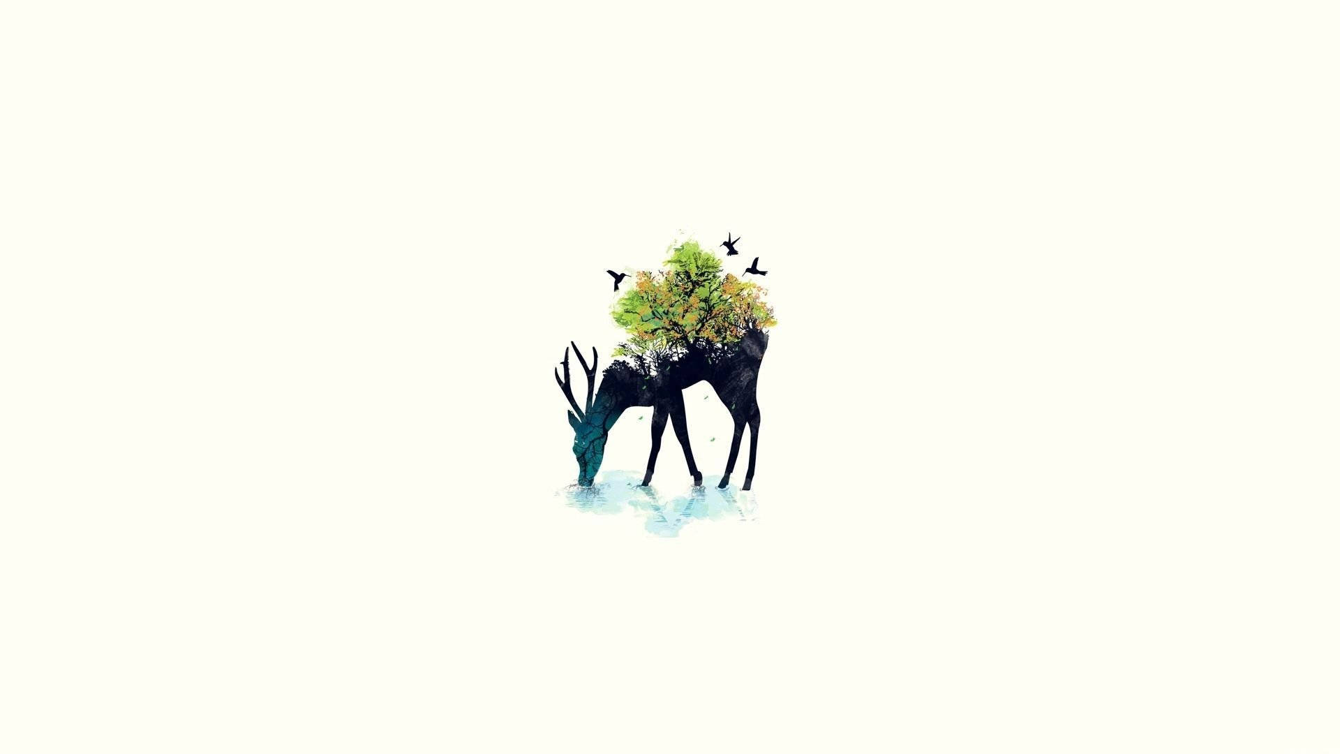minimalist nature, deer silhouette, vibrant tree, Full HD Desktop Wallpaper