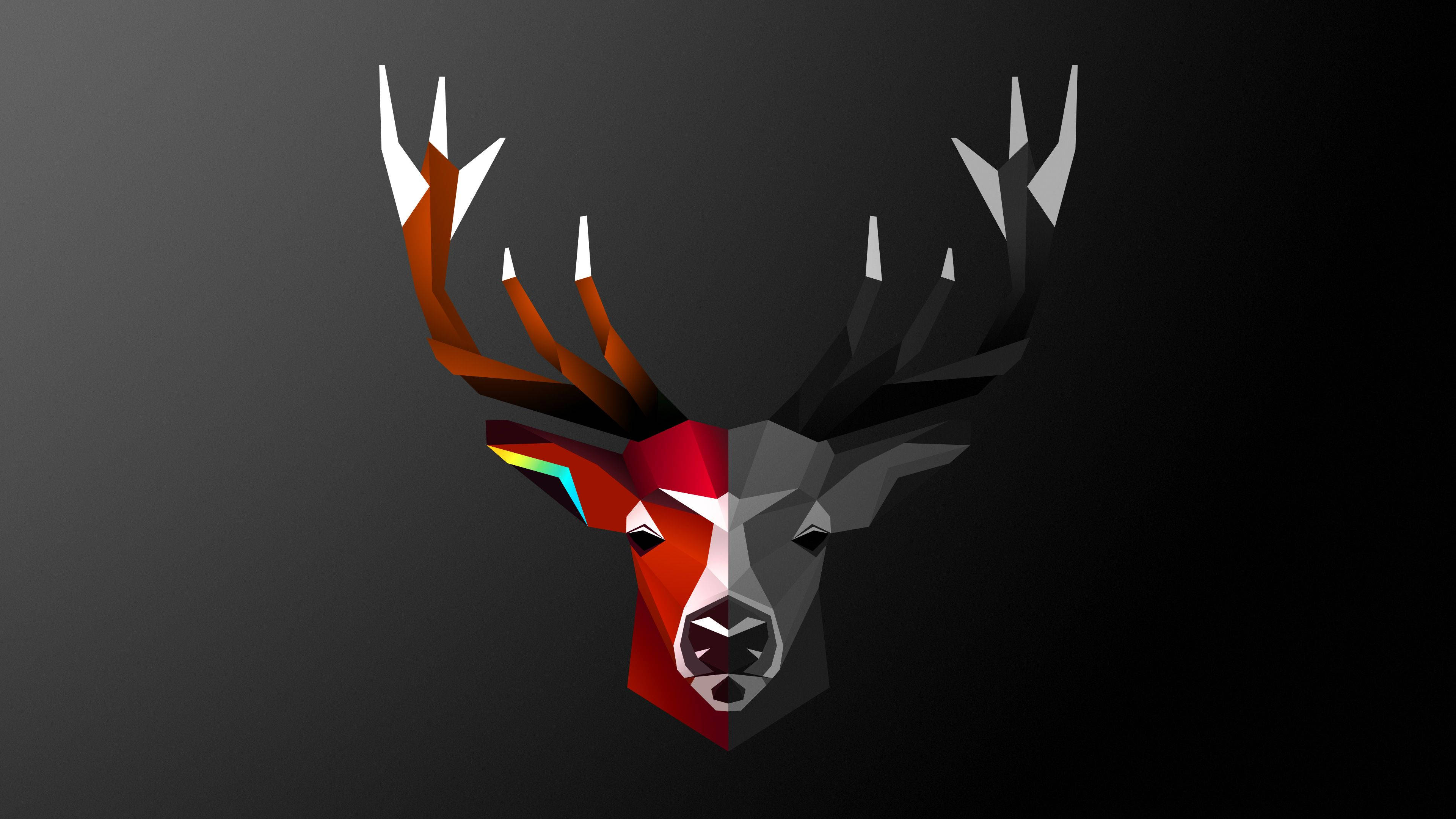 abstract deer art, half colored head, vibrant red and orange antlers, 4K Desktop Wallpaper
