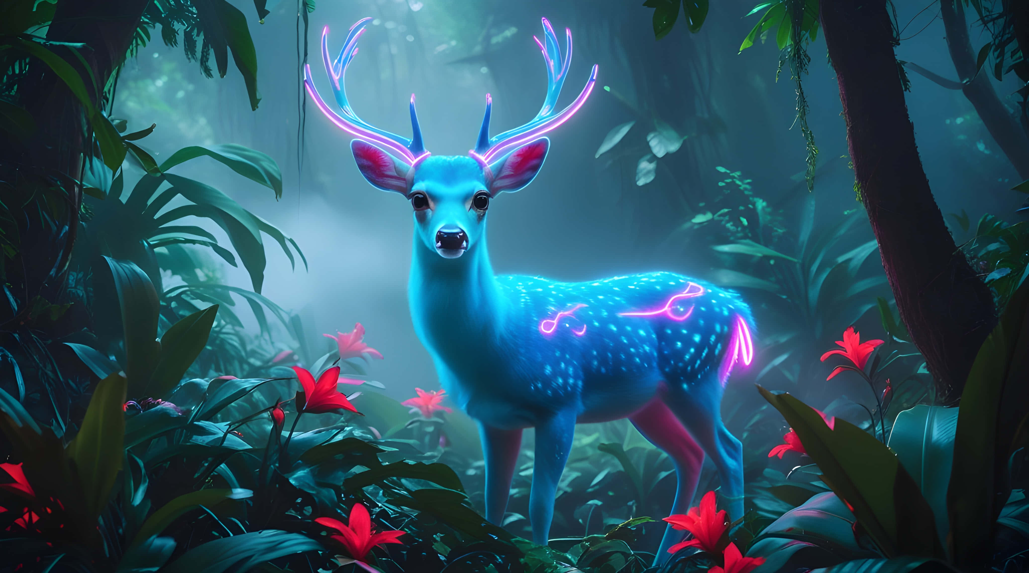 neon blue, pink antlers, misty jungle, 4K Desktop Wallpaper