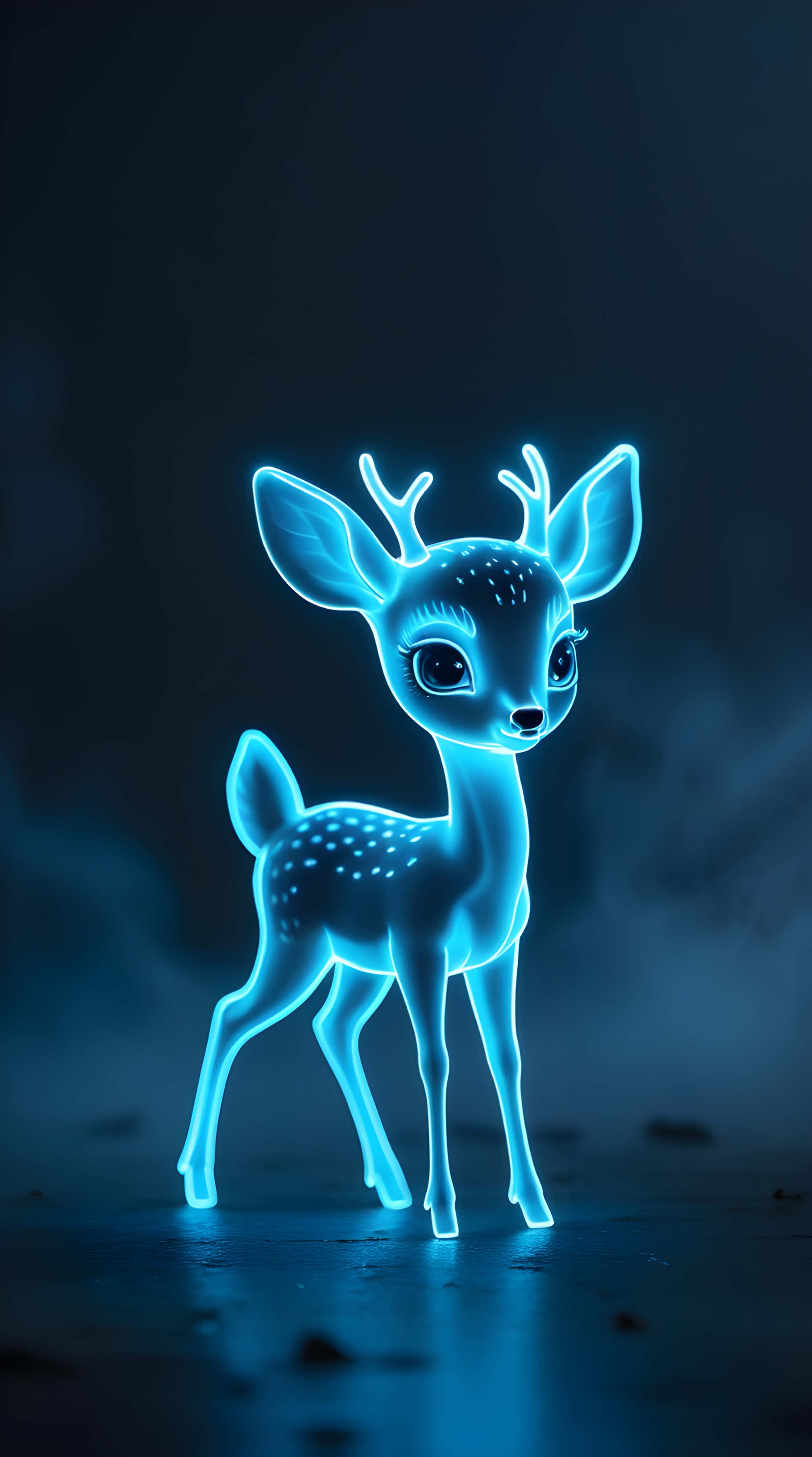 neon blue deer, spotted fur, dark misty environment, 4K Phone Wallpaper