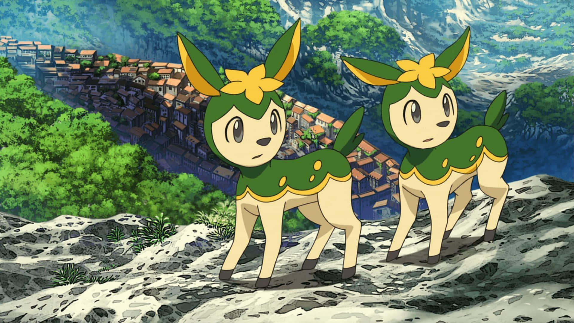 Deerling, green leafy ears, yellow flowers, Full HD Desktop Wallpaper