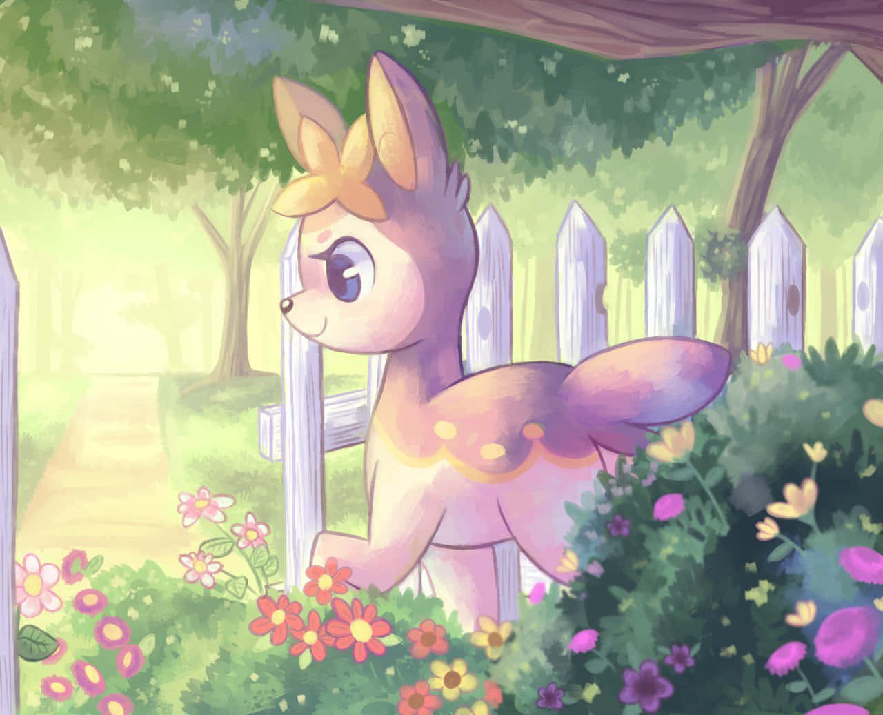 Deerling, flower crown, white picket fence, HD Desktop Wallpaper