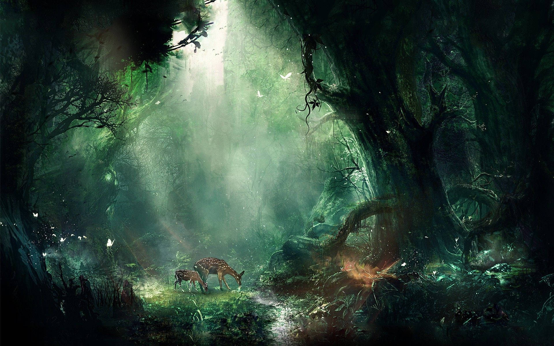 Deerling, enchanted forest, mossy trees, Full HD Desktop Wallpaper