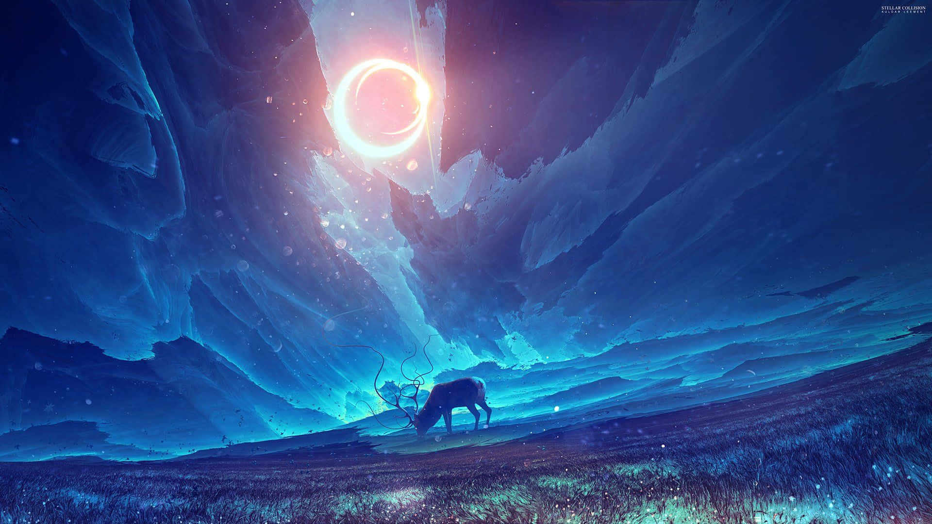 Deer, glowing ringed celestial body, vast blue crystalline canyon, Full HD Desktop Wallpaper