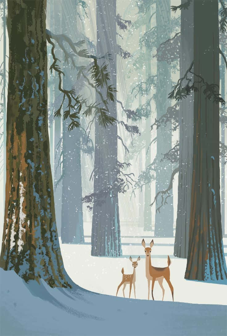 Deerling, snowy forest, tall trees, SD Phone Wallpaper