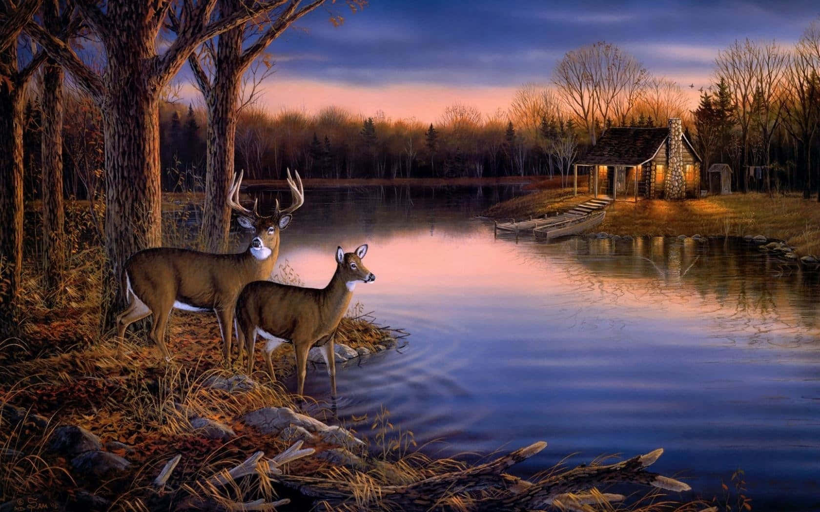Deerling, dusk, tranquil lake, HD Desktop Wallpaper