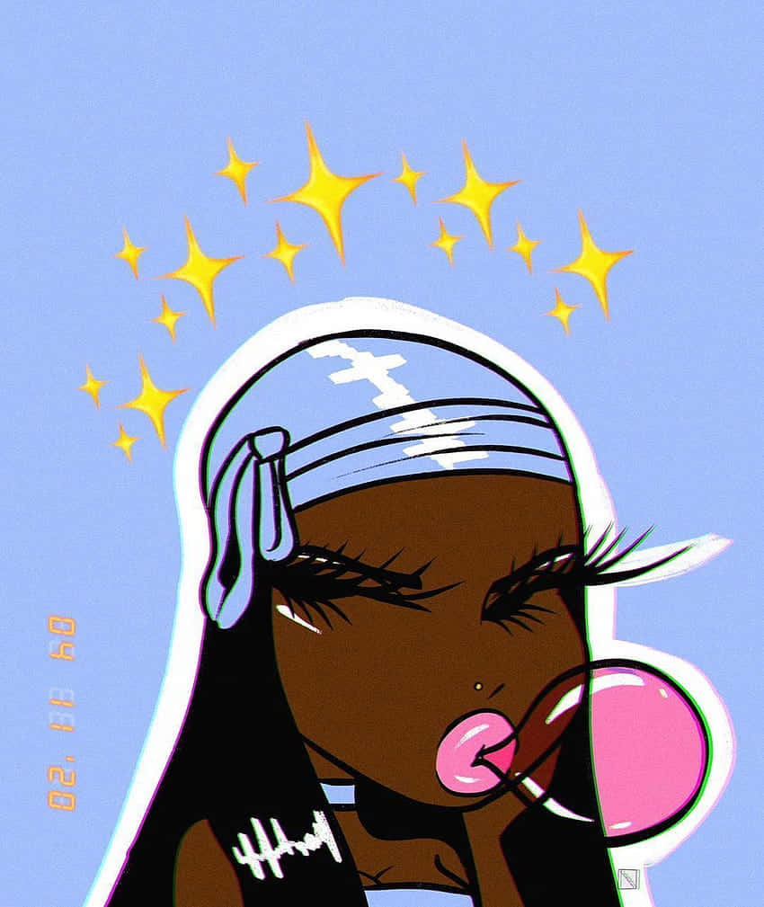 Baddie Woman Default PFP Aesthetic, pink bubblegum bubble, light blue background, SD Phone Wallpaper