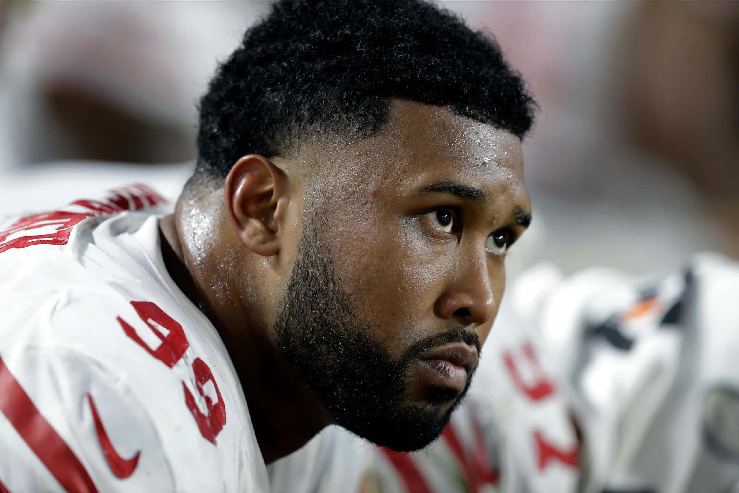 DeForest Buckner, white and red uniform, sweaty, 2K Desktop Wallpaper