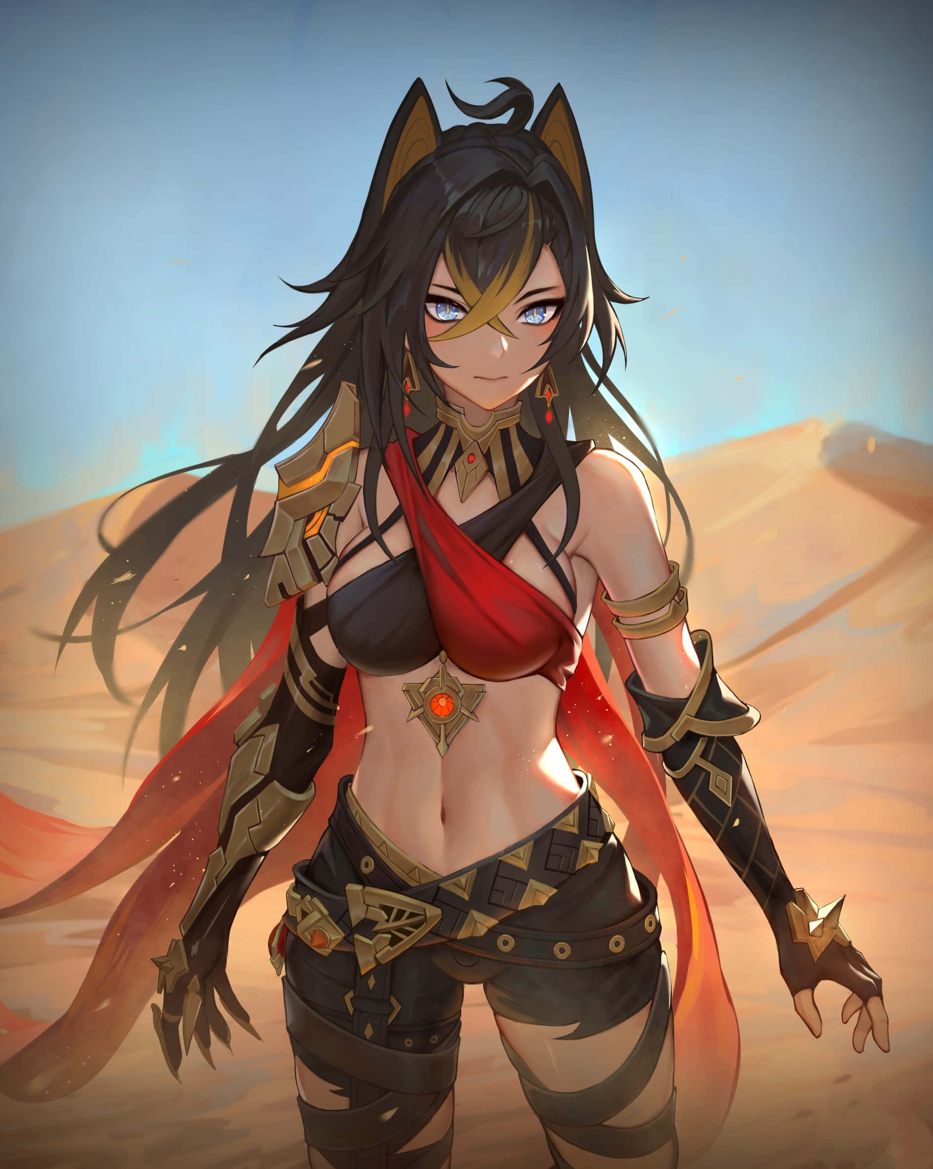 Desert Warrior Dehya, cat-eared anime warrior, long dark hair, Full HD Phone Wallpaper
