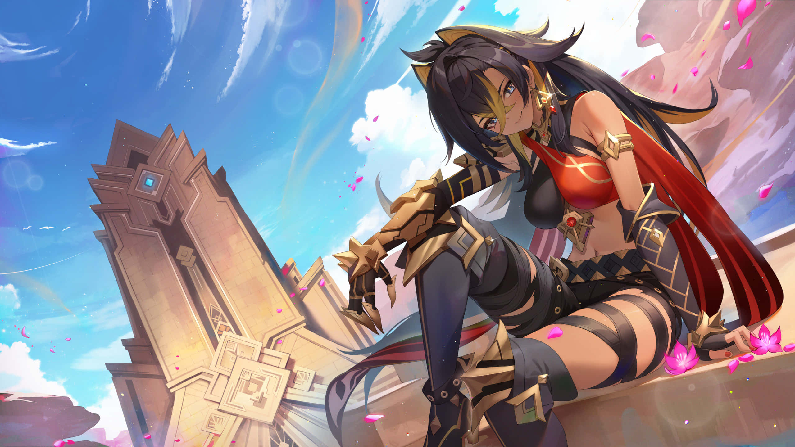 Dehya, warrior, gold and red armor, 2K Desktop Wallpaper